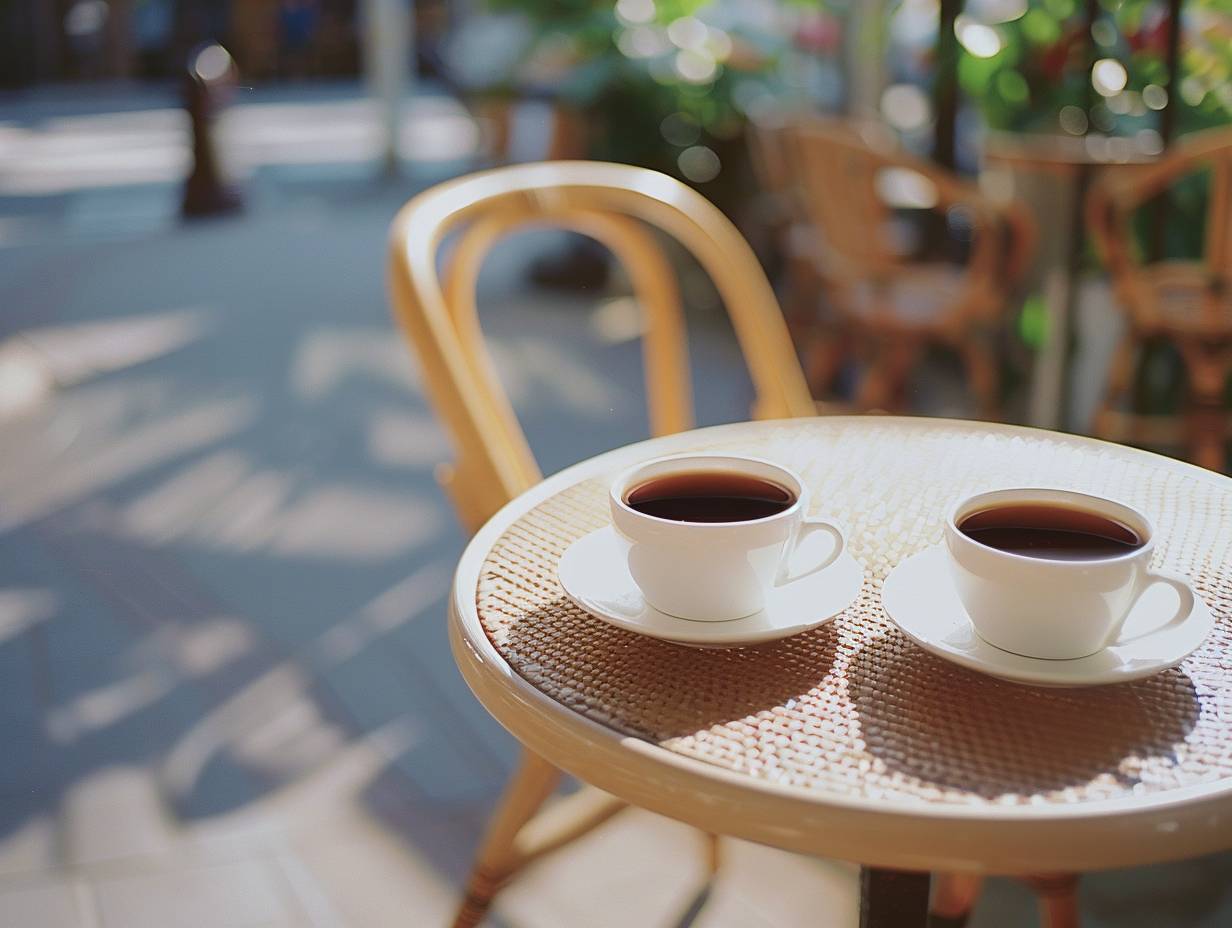 Zwei Tassen Filterkaffee auf einem Cafétisch