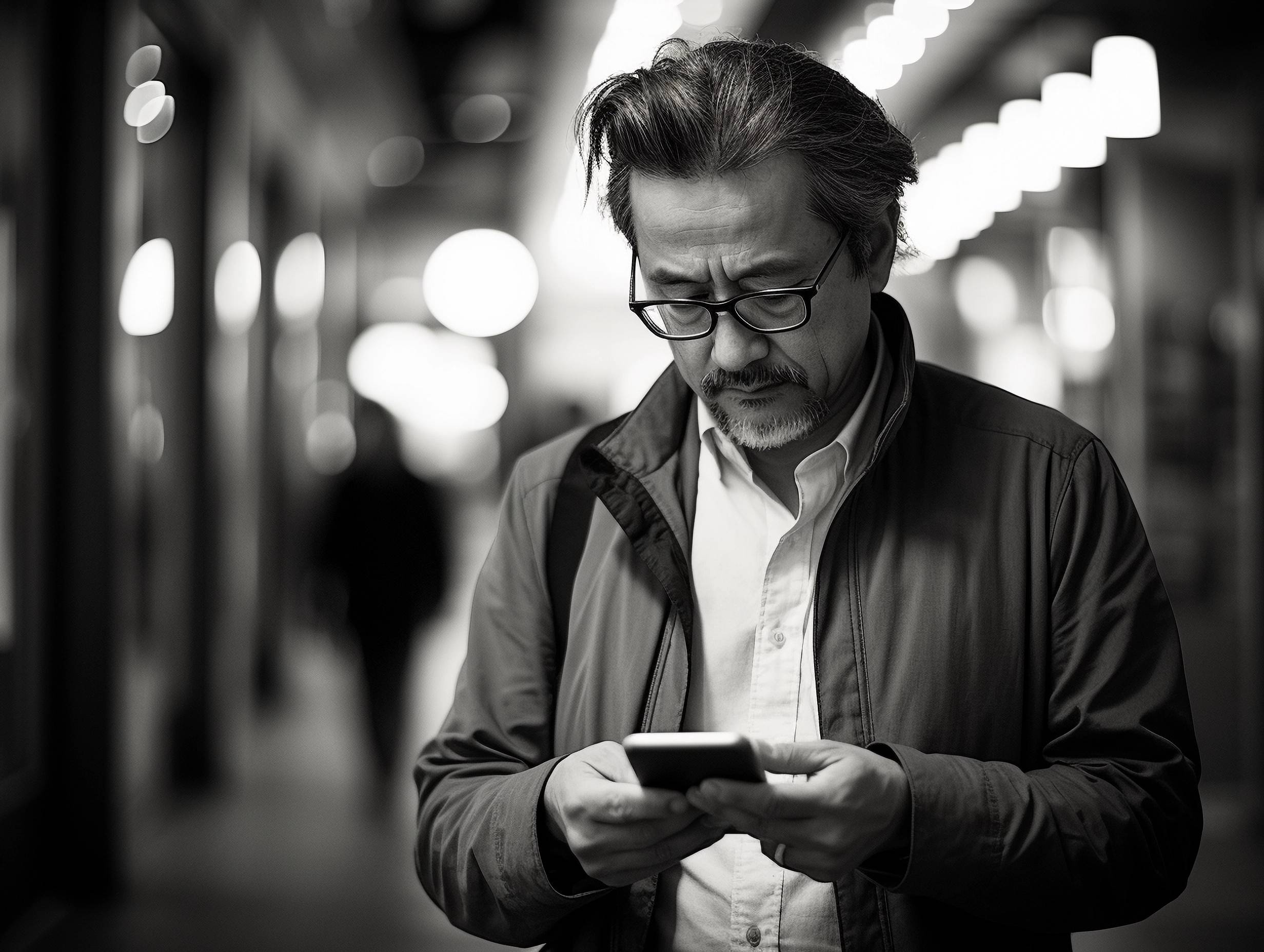 Älterer Herr blickt etwas ratlos auf ein Smartphone.