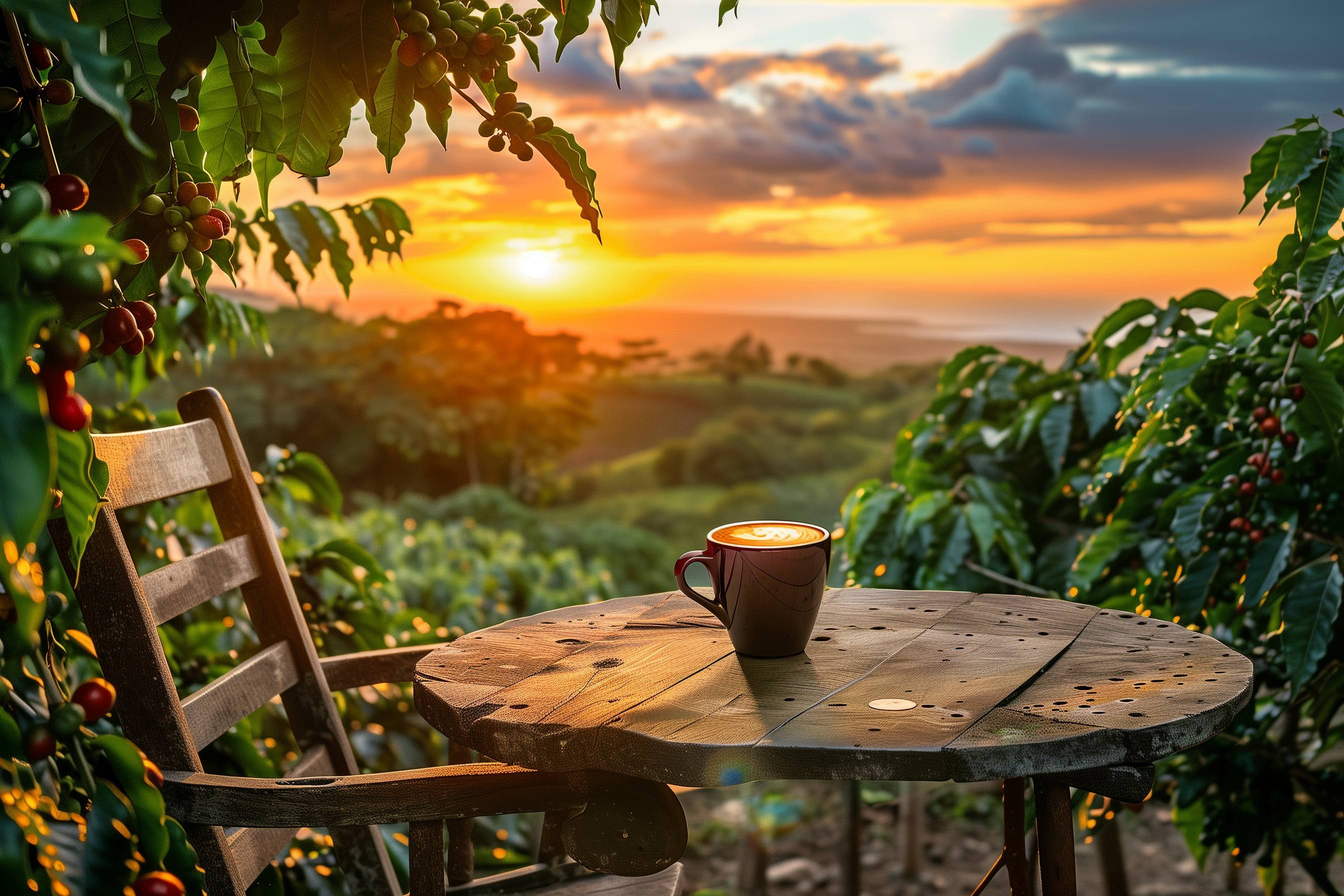 Eine Tasse Kaffee auf einem Tisch in einer Kaffeeplantage