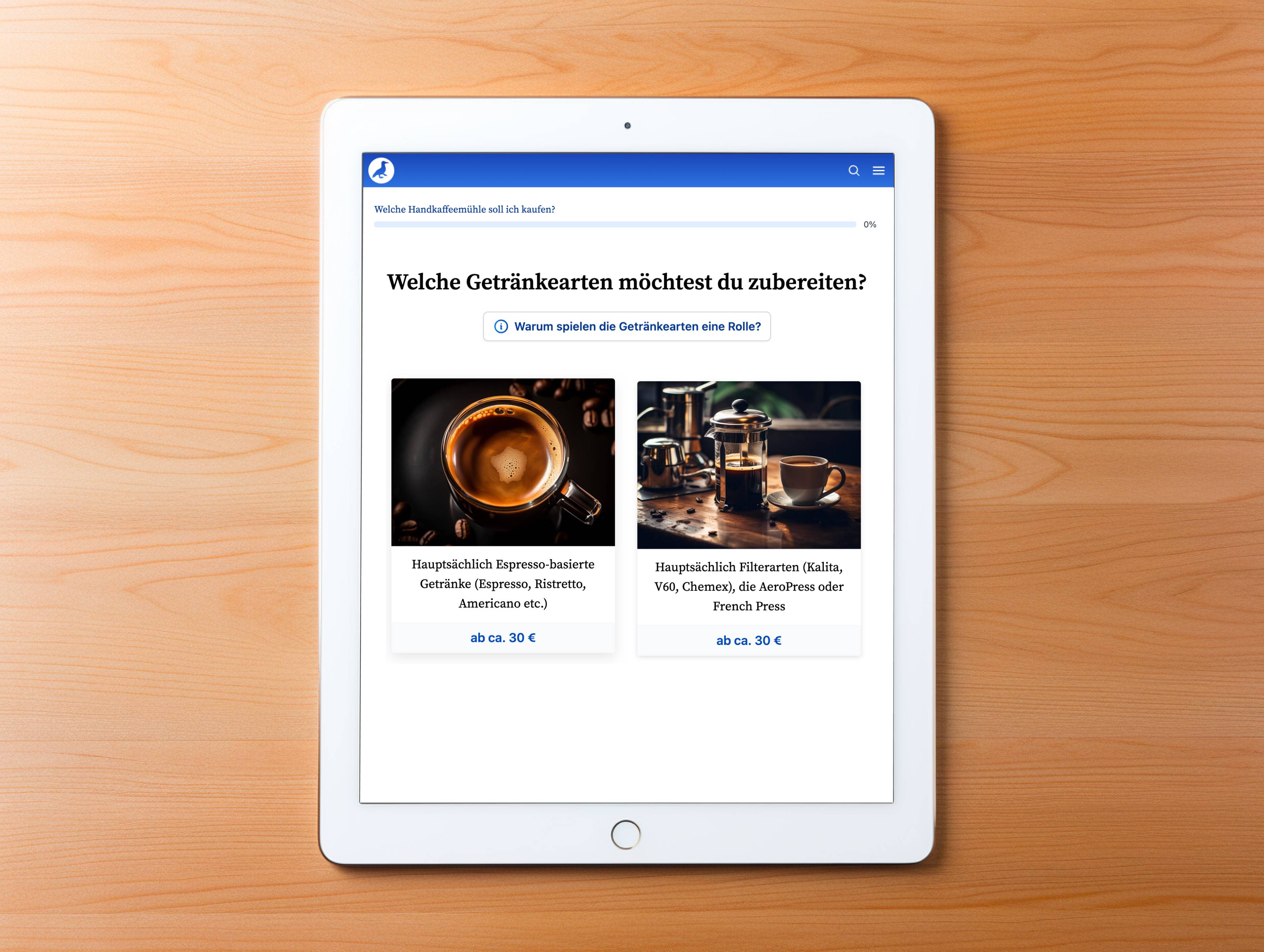 Tablet auf Tisch mit interaktivem Ratgeber von Bluepick.