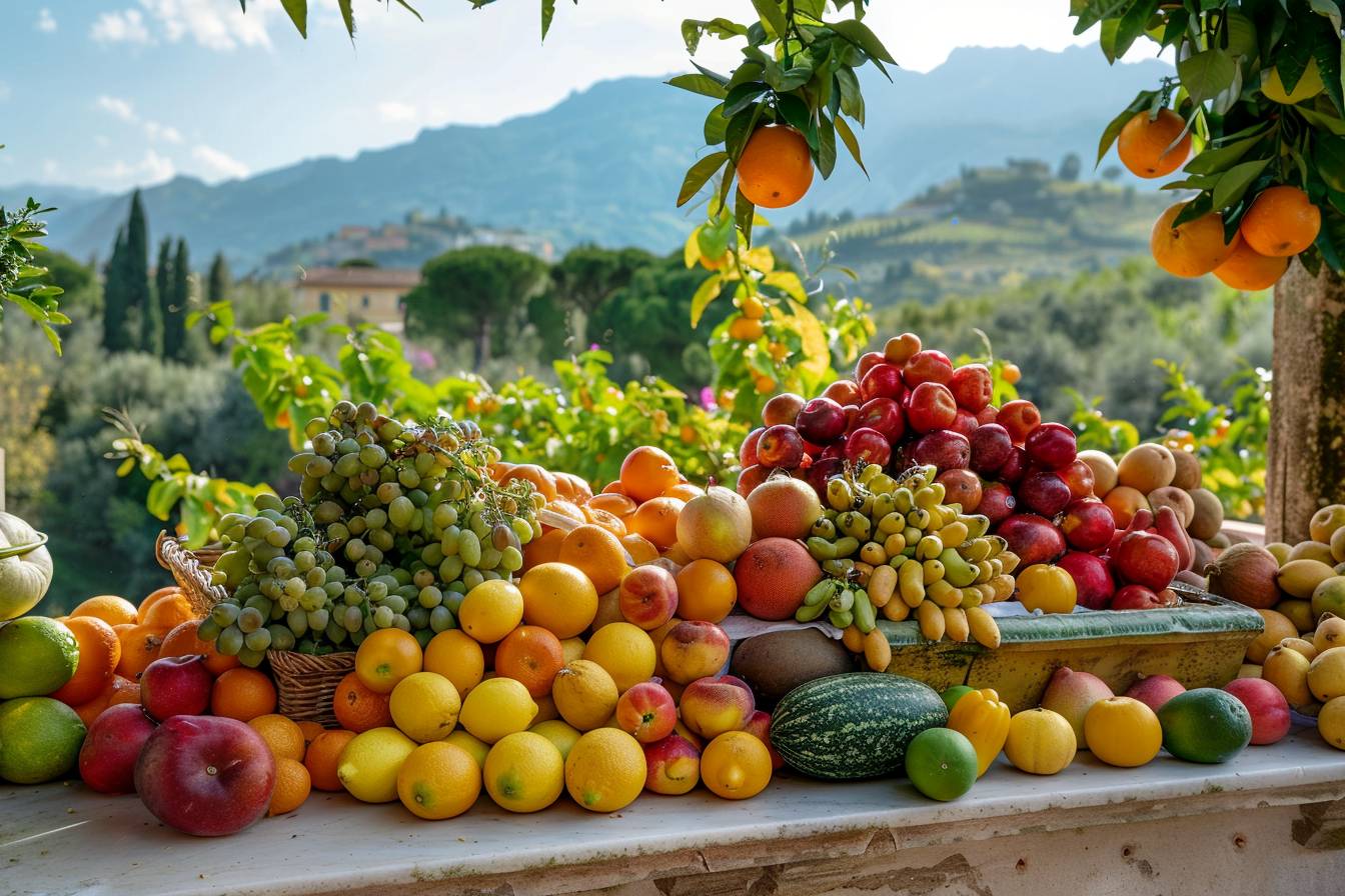 Ein Tisch voll mit Obst auf einer Terrasse in der Toskana.