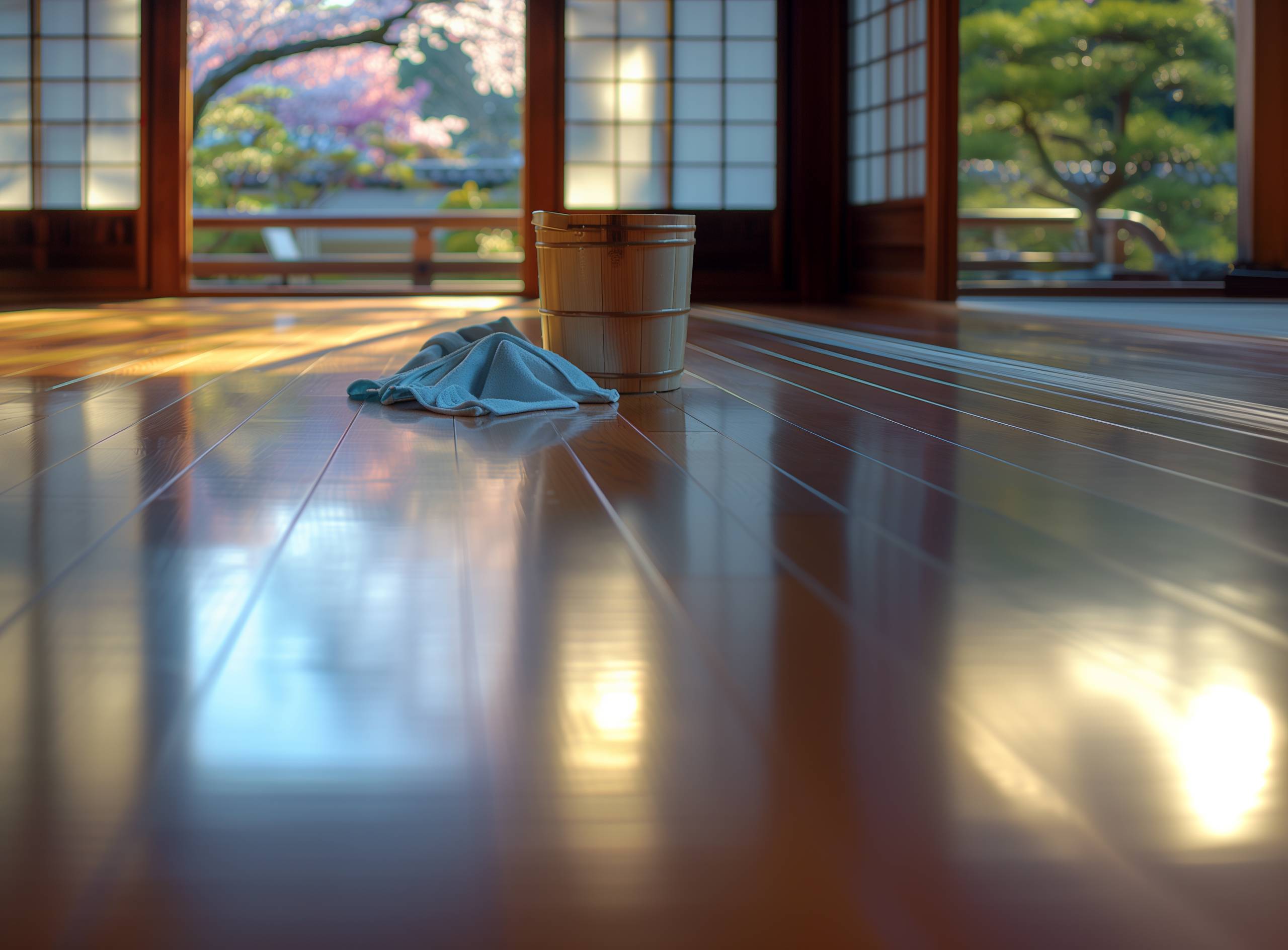 Ein Putzlappen und Eimer in einem frisch gesäuberten japanischen Raum.