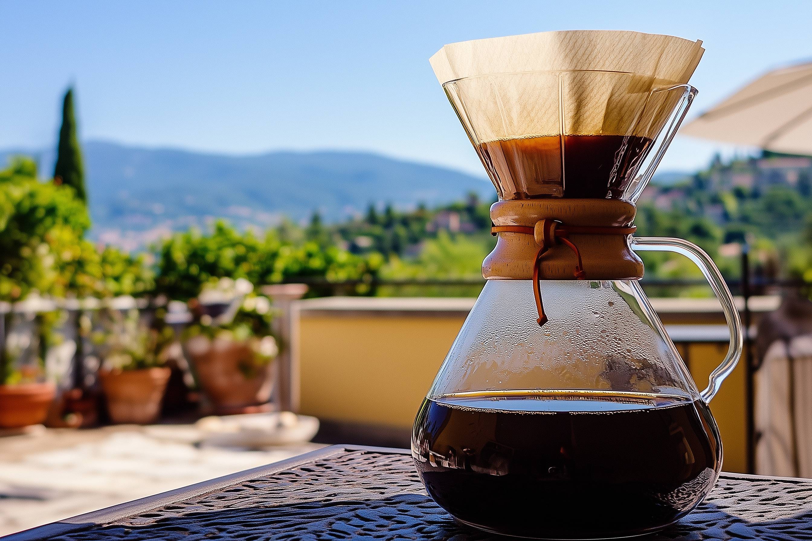 Eine Chemex-Karaffe mit frisch gebrühtem Kaffee auf einem Tisch auf einer Terrasse mit Ausblick auf eine hügelige Landschaft.