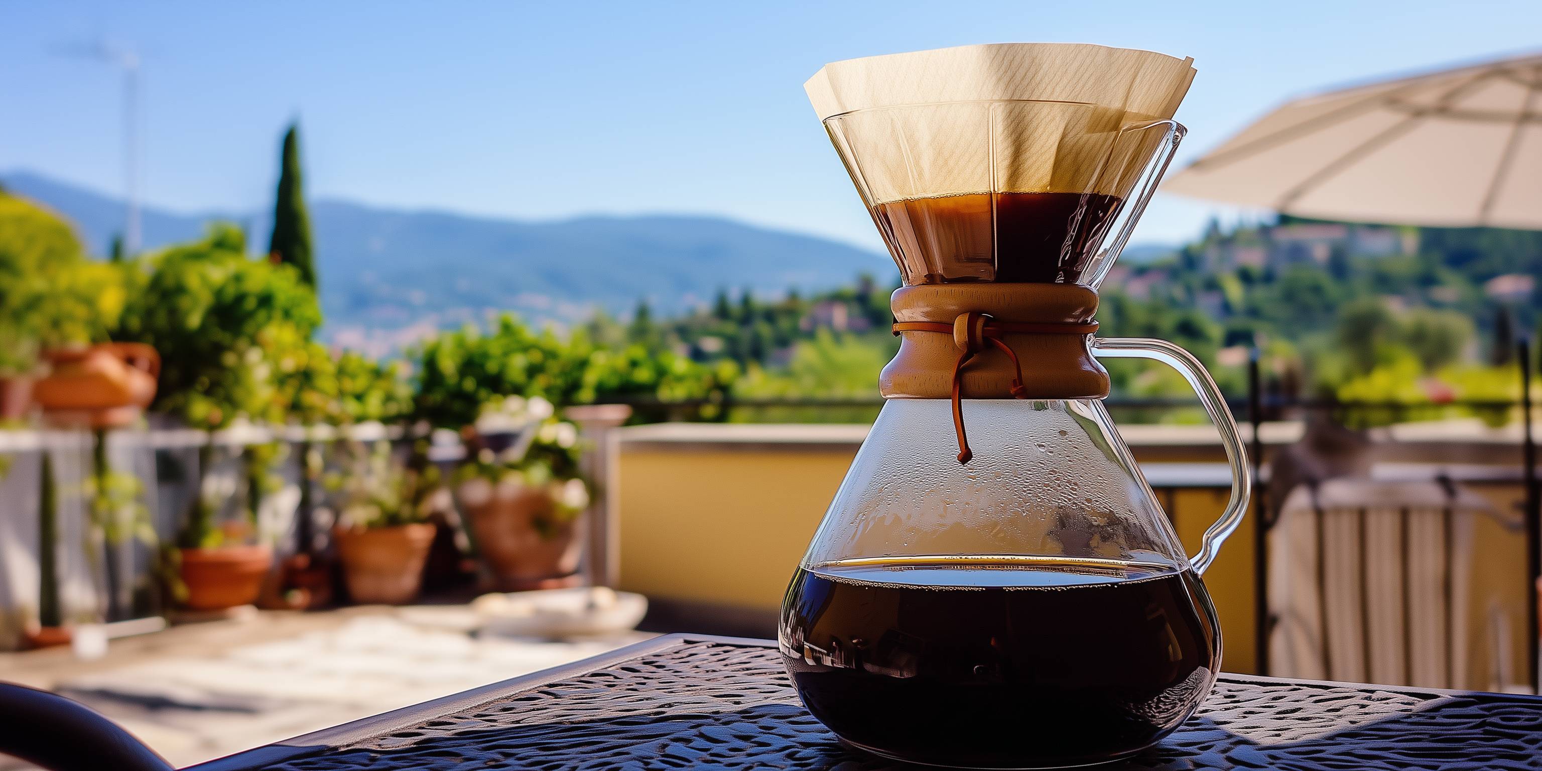 Eine Chemex-Karaffe mit frisch gebrühtem Kaffee auf einem Tisch auf einer Terrasse mit Ausblick auf eine hügelige Landschaft.