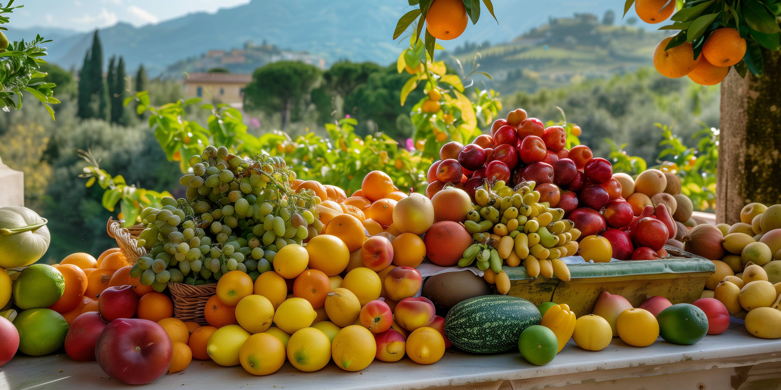 Ein Tisch voll mit Obst auf einer Terrasse in der Toskana.