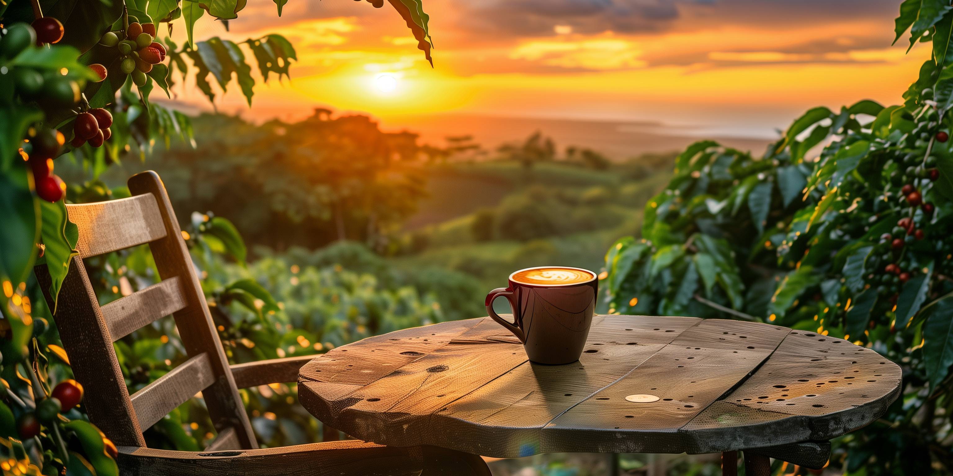 Eine Tasse Kaffee auf einem Tisch in einer Kaffeeplantage
