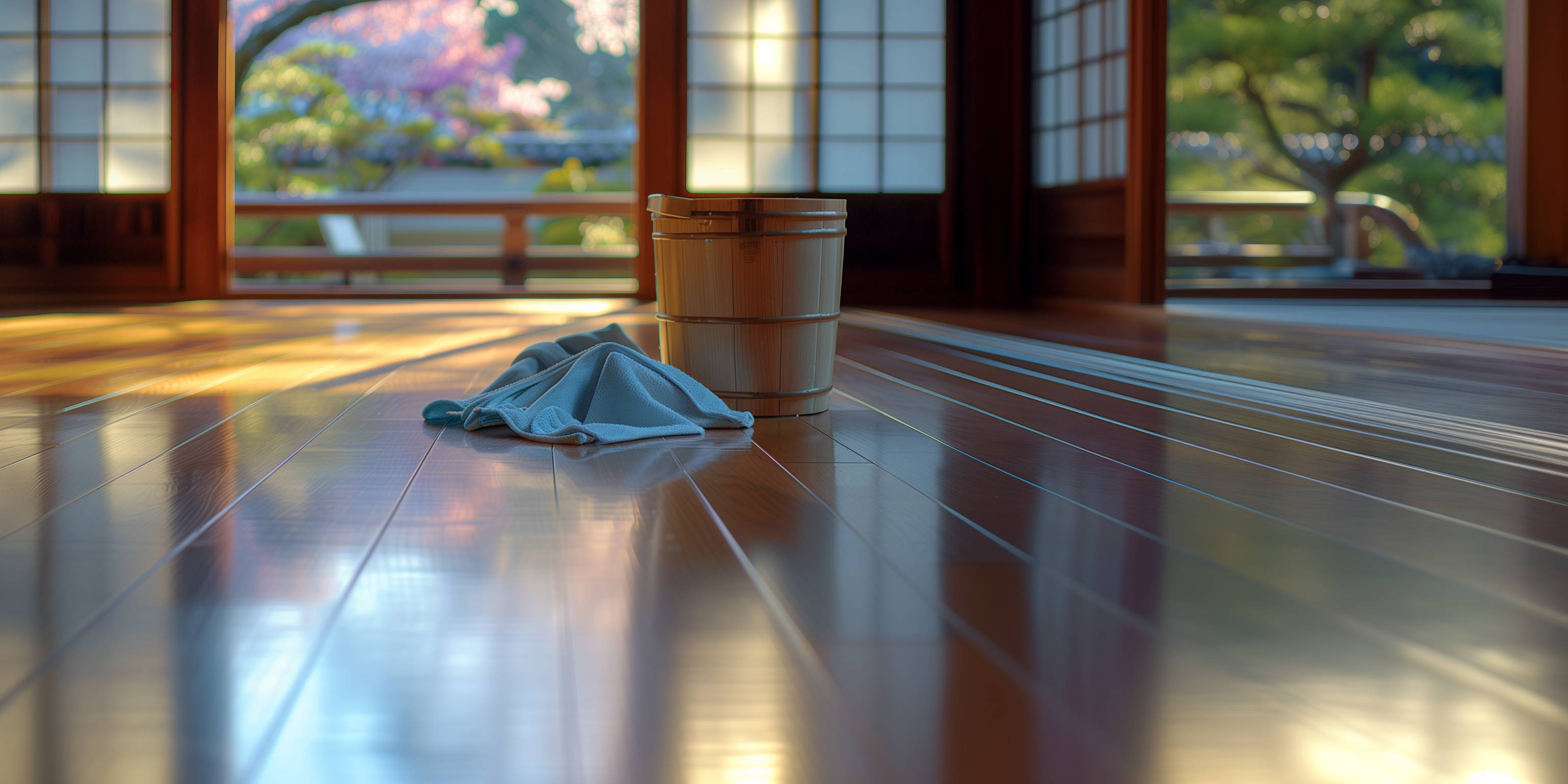Ein Putzlappen und Eimer in einem frisch gesäuberten japanischen Raum.