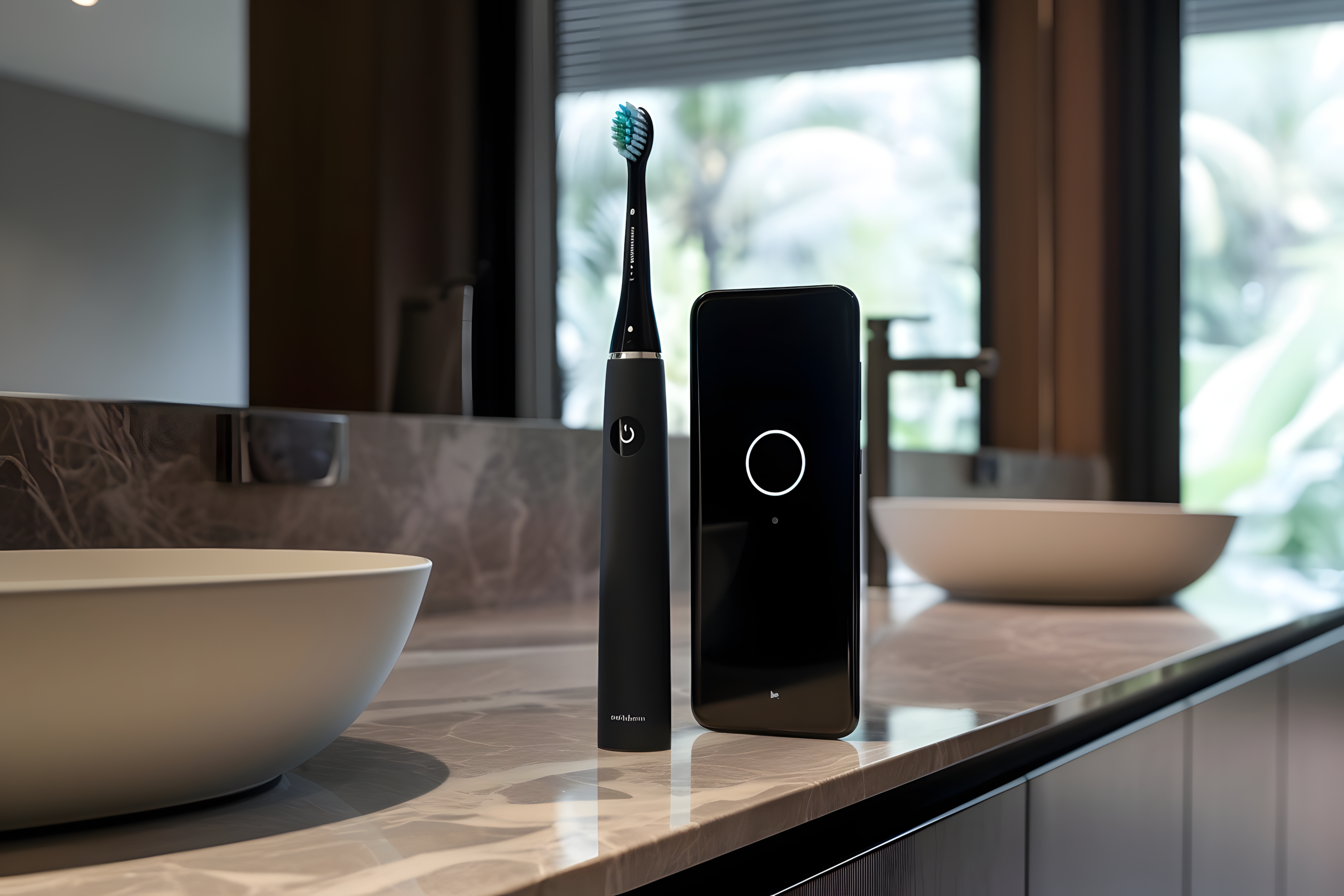 Elektrische Zahnbürste und Smartphone stehen nebeneinander auf einem Badezimmerwaschtisch.