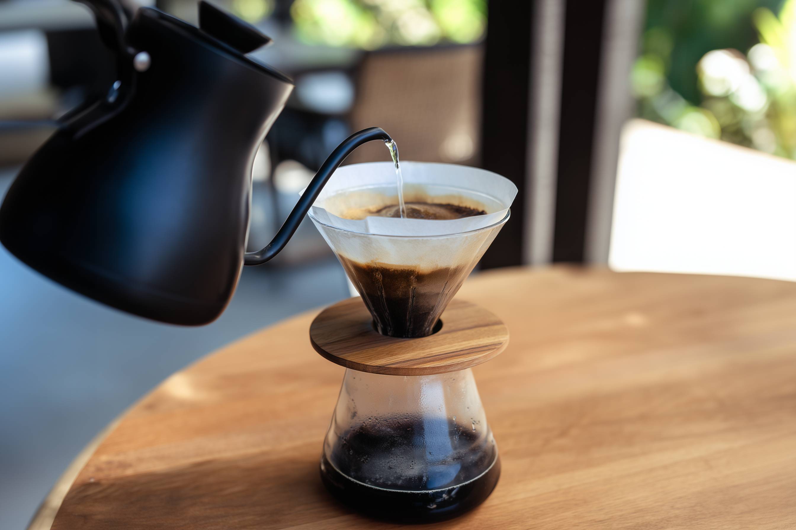 Handfilter-Kaffeezubereitung mit Kanne und Glasgefäß auf Holztisch.