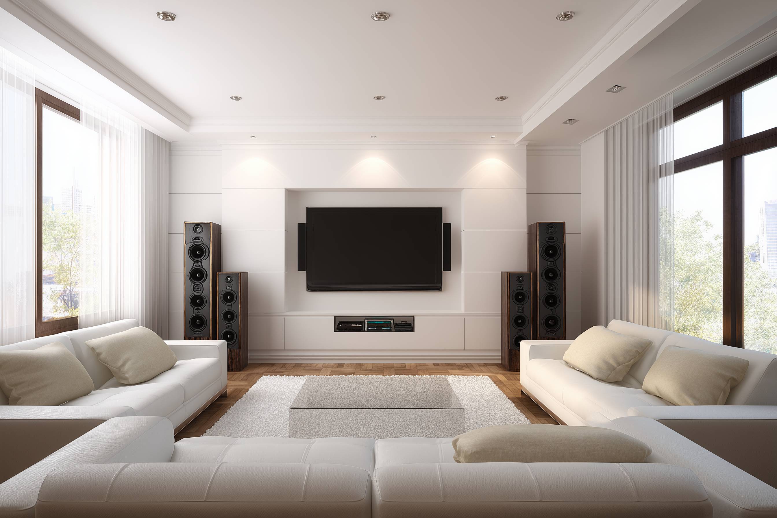 Heimkino, großer Fernseher mit Soundanlage in modernem Wohnzimmer.