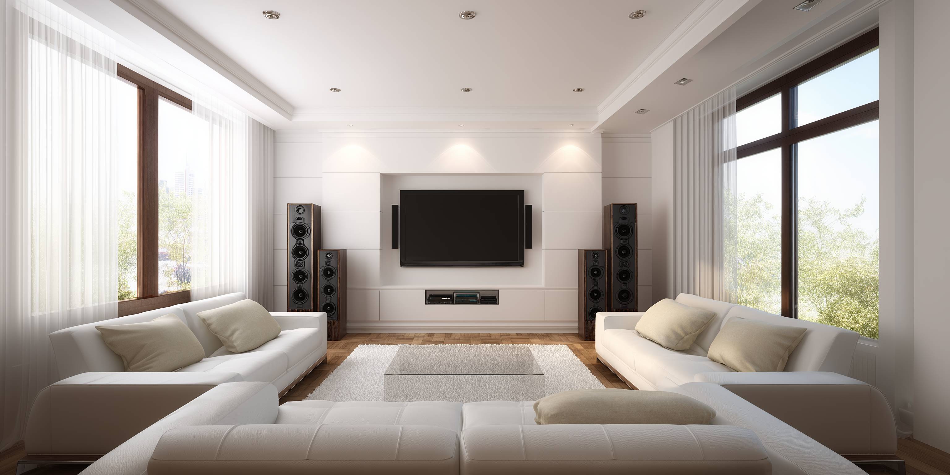 Heimkino, großer Fernseher mit Soundanlage in modernem Wohnzimmer.