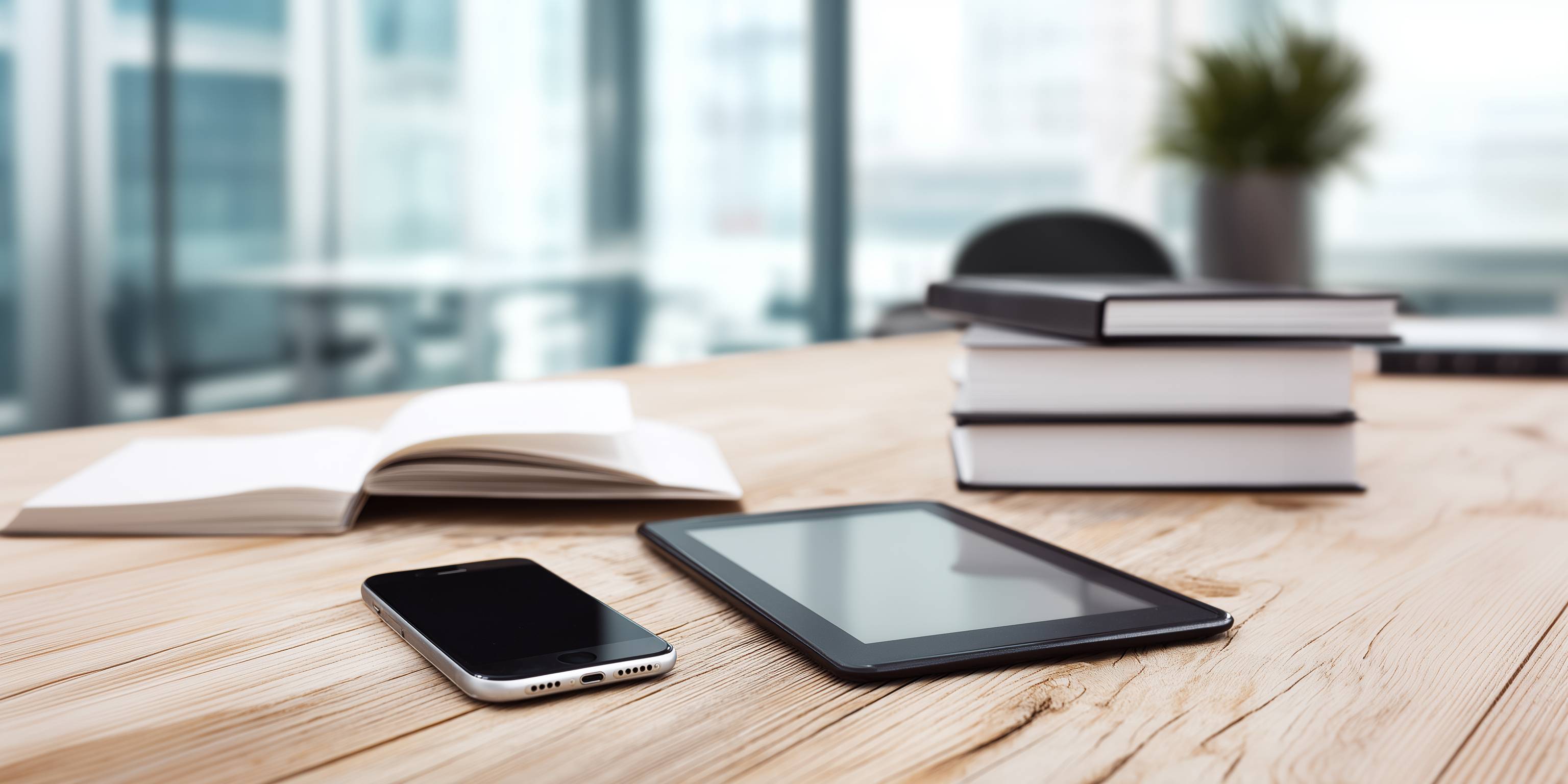 Tablet, Smartphone und Bücher auf einem Holztisch in einem modernen Büro.