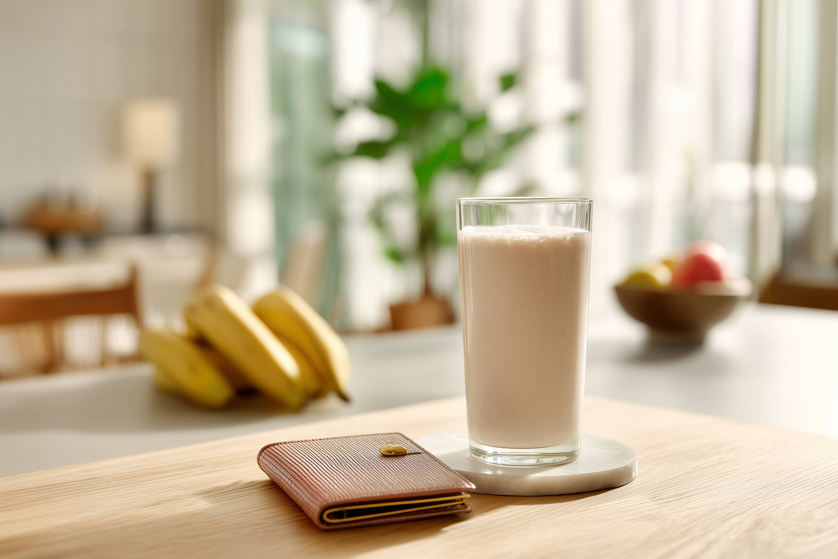 Ein Glas Milch steht auf einem Tisch neben einer Geldbörse, im Hintergrund liegen Bananen und eine Obstschale.