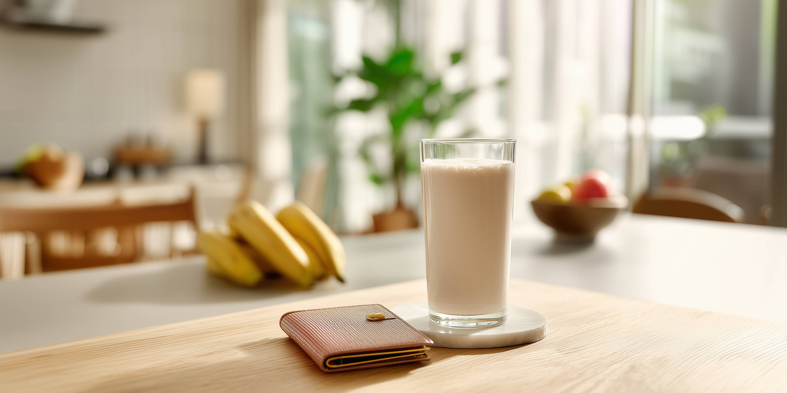 Ein Glas Milch steht auf einem Tisch neben einer Geldbörse, im Hintergrund liegen Bananen und eine Obstschale.