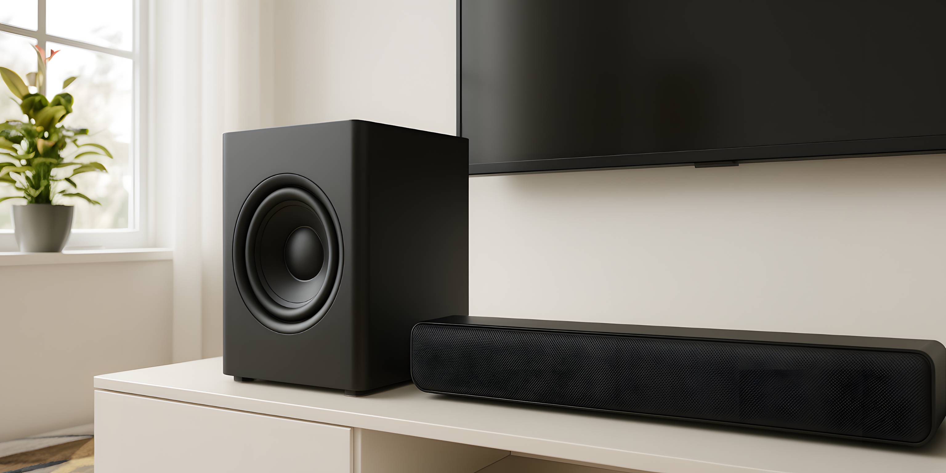 Schwarzer Subwoofer und Soundbar neben einem Fernseher auf einem weißen Möbelstück.