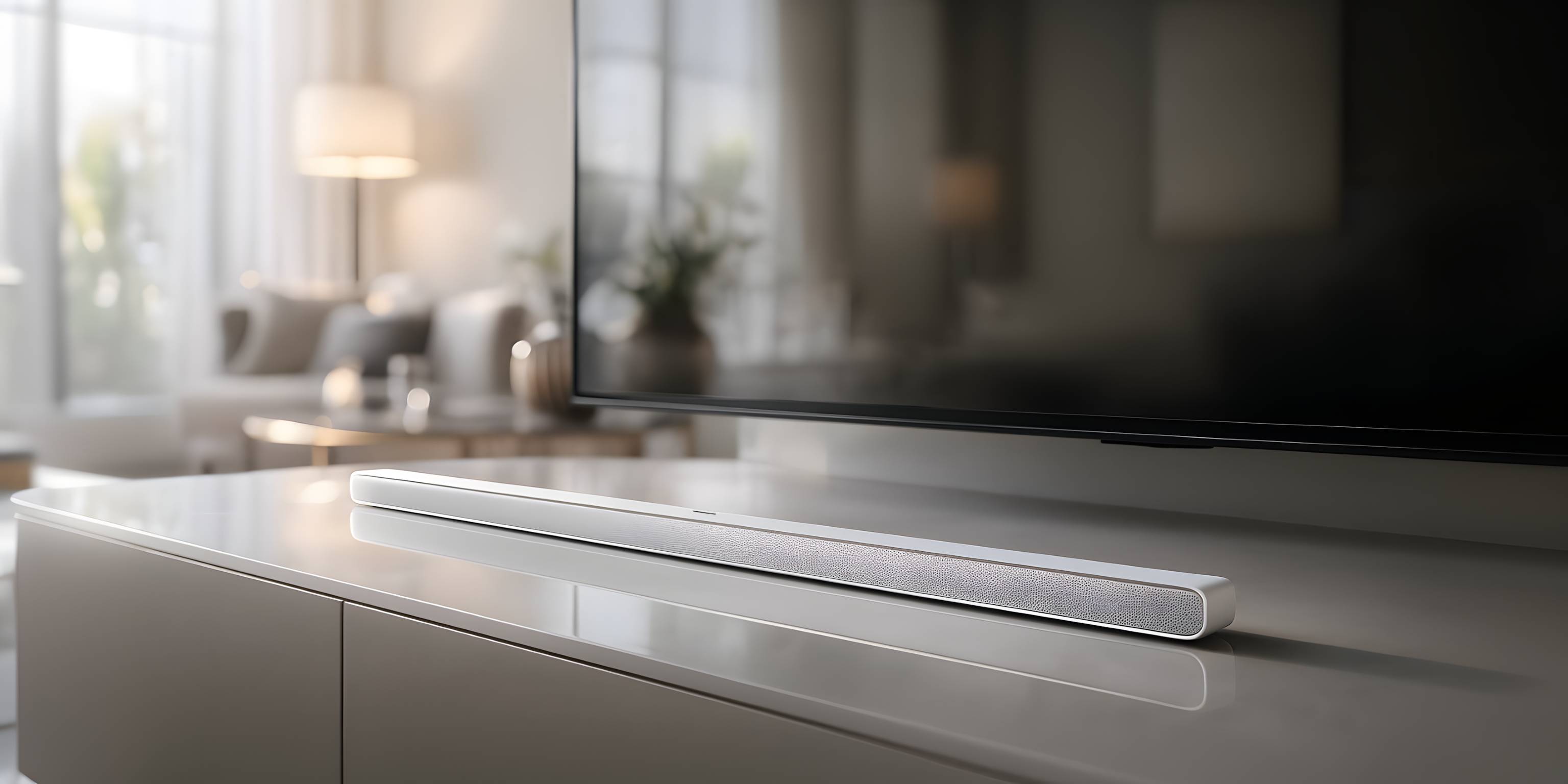 Weiße Soundbar steht vor einem modernen Fernseher auf einem Lowboard in einem hellen Wohnzimmer.