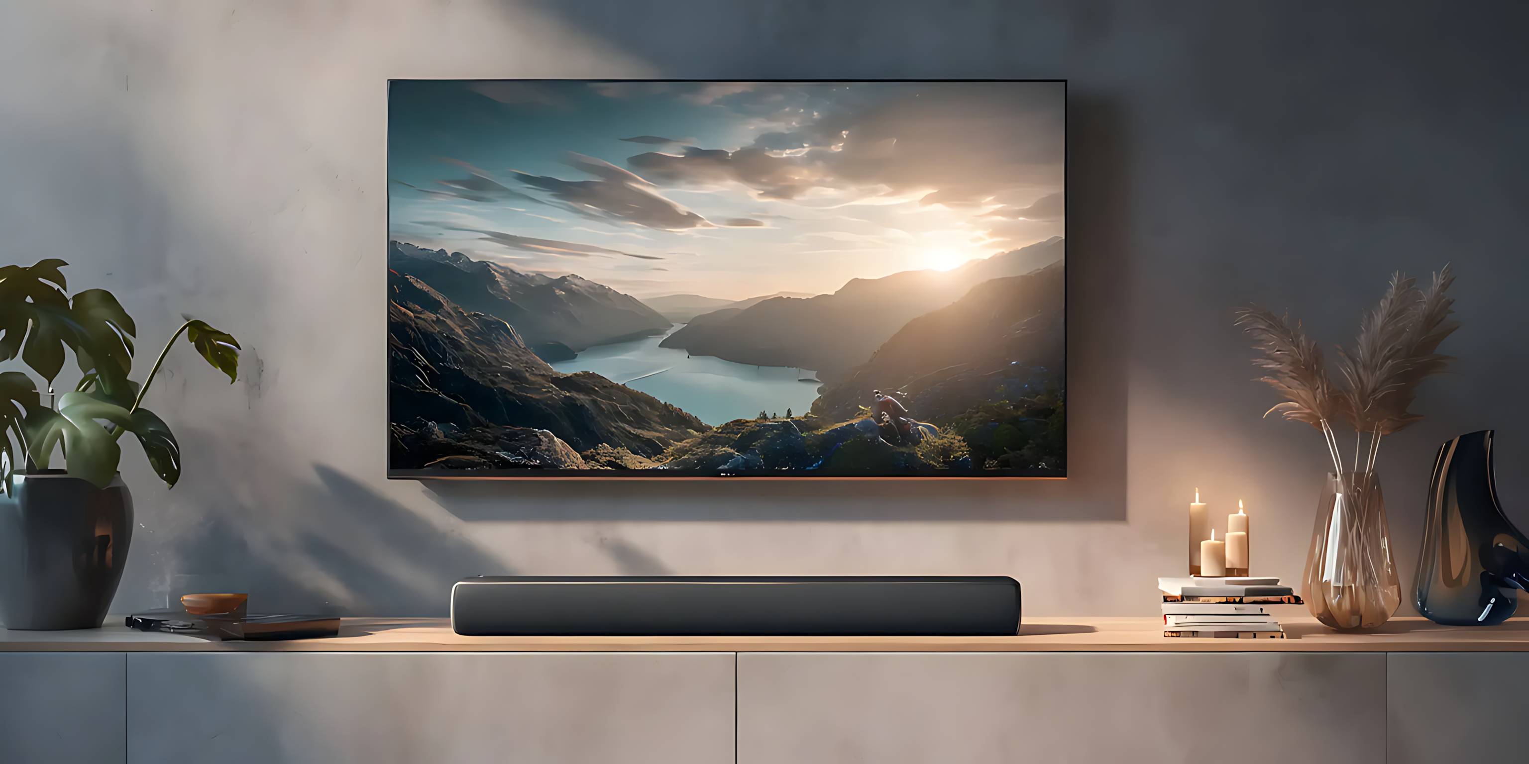 Modernes Wohnzimmer mit an der Wand montiertem Fernseher, der eine Landschaft zeigt, und Soundbar auf einem Sideboard.