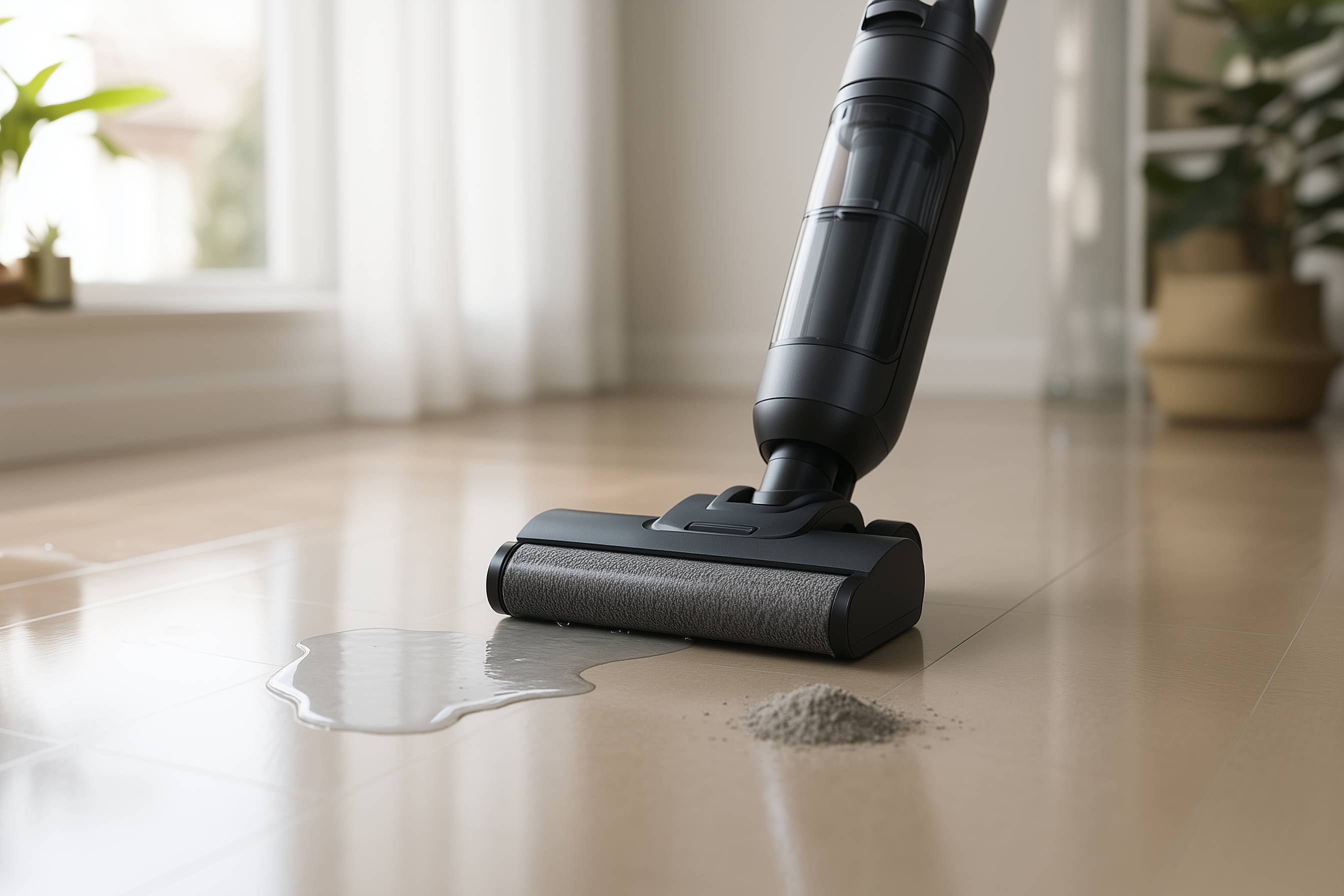 Ein Nass-Trocken-Sauger saugt Wasser und Schmutz auf einem hellen Boden auf.