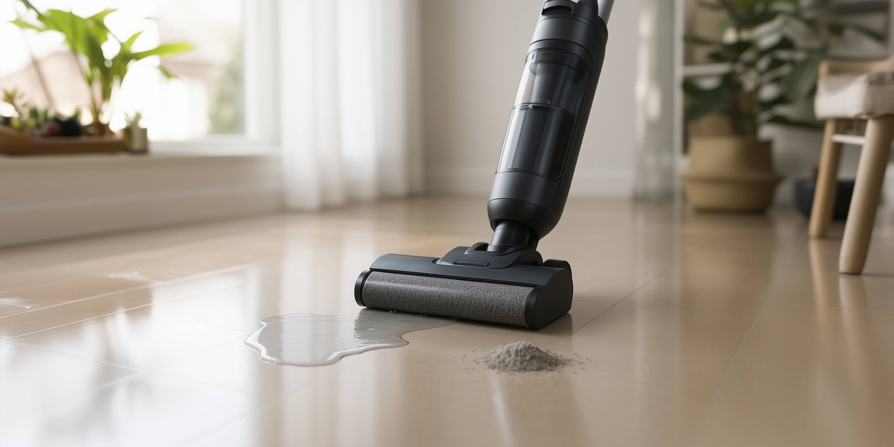 Ein Nass-Trocken-Sauger saugt Wasser und Schmutz auf einem hellen Boden auf.