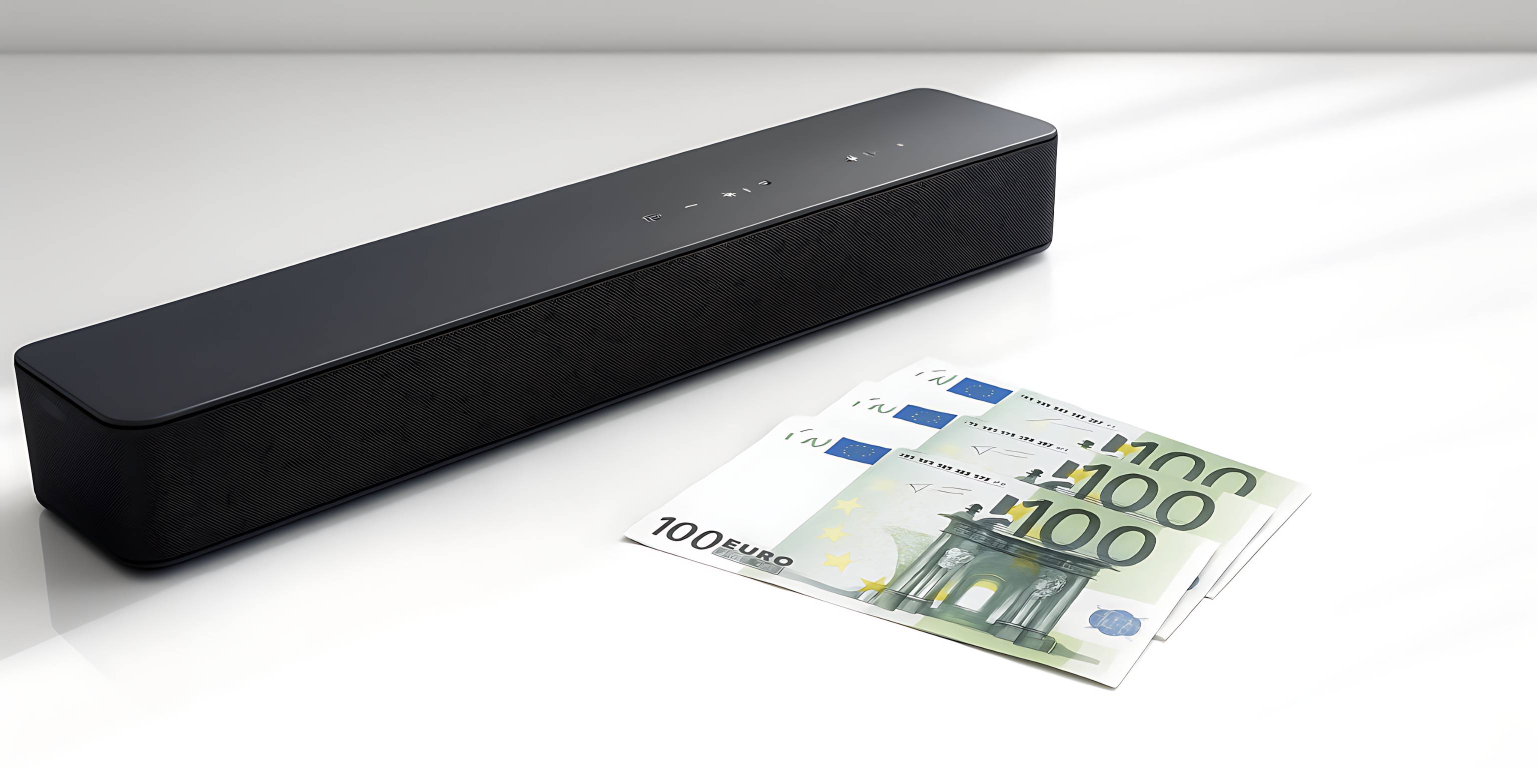 Drei 100-Euro-Scheine liegen neben einer schwarzen Soundbar auf einem weißen Tisch.