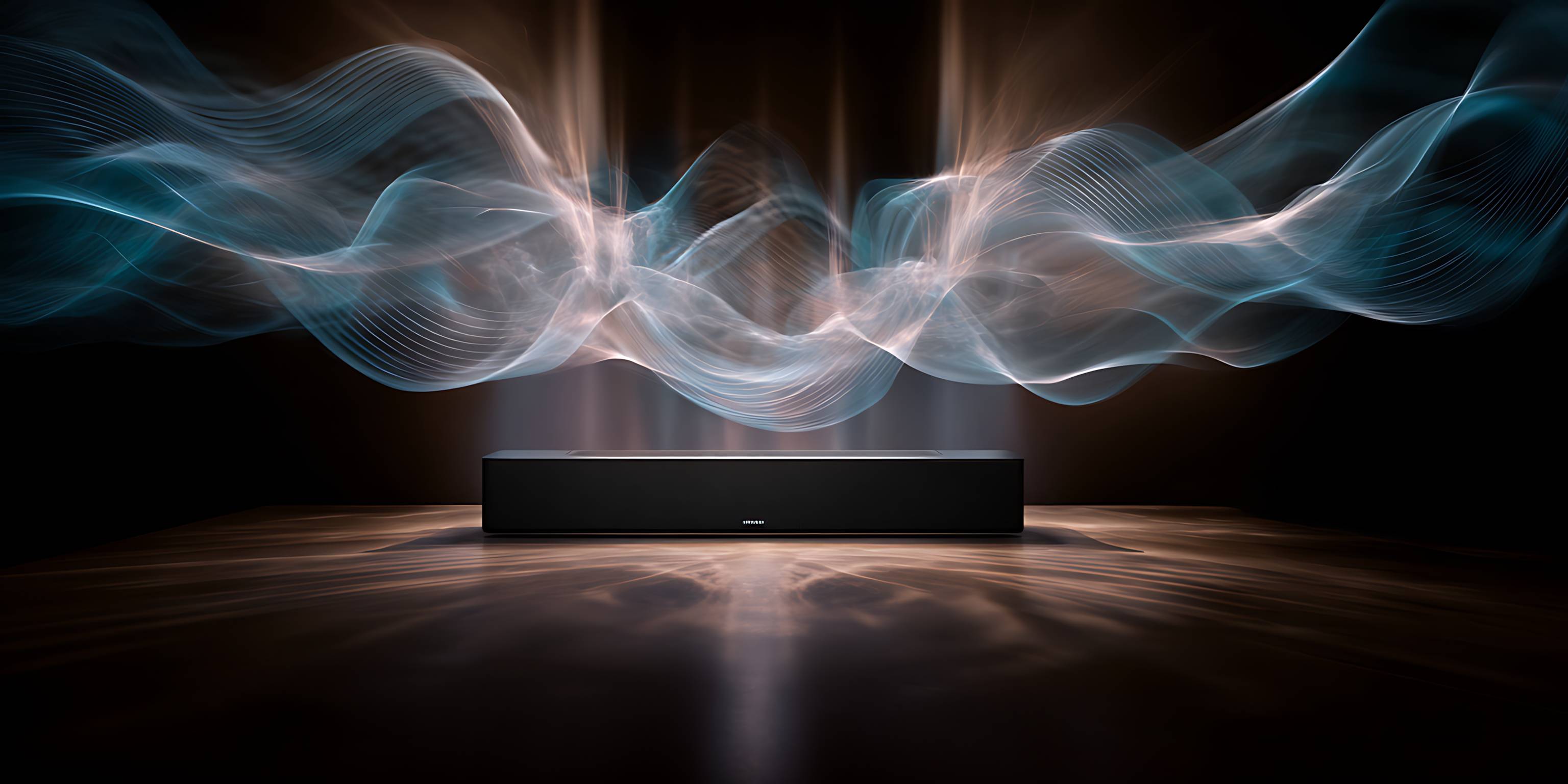 Eine Soundbar auf einem Tisch mit visualisierten Klangwellen darüber.