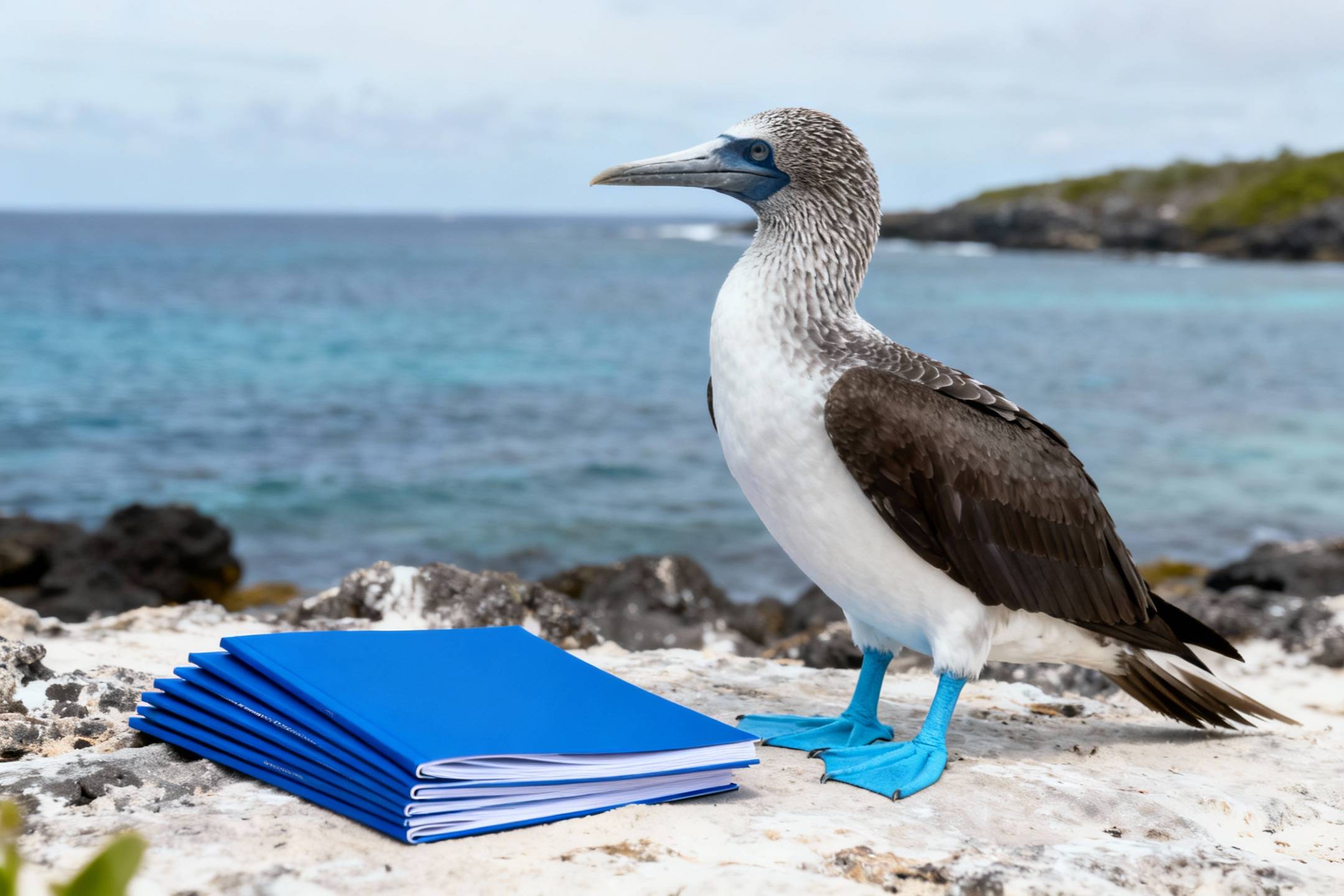 Blaufußtölpel am Strand, daneben Mappen mit dem Presskit von Bluepick