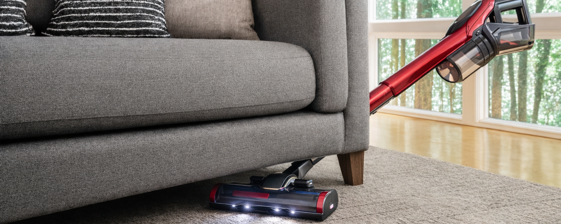 Akku-Staubsauger reinigt unter einem grauen Sofa im Wohnzimmer.