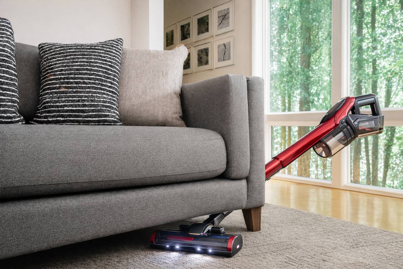 Akku-Staubsauger reinigt unter einem grauen Sofa im Wohnzimmer.