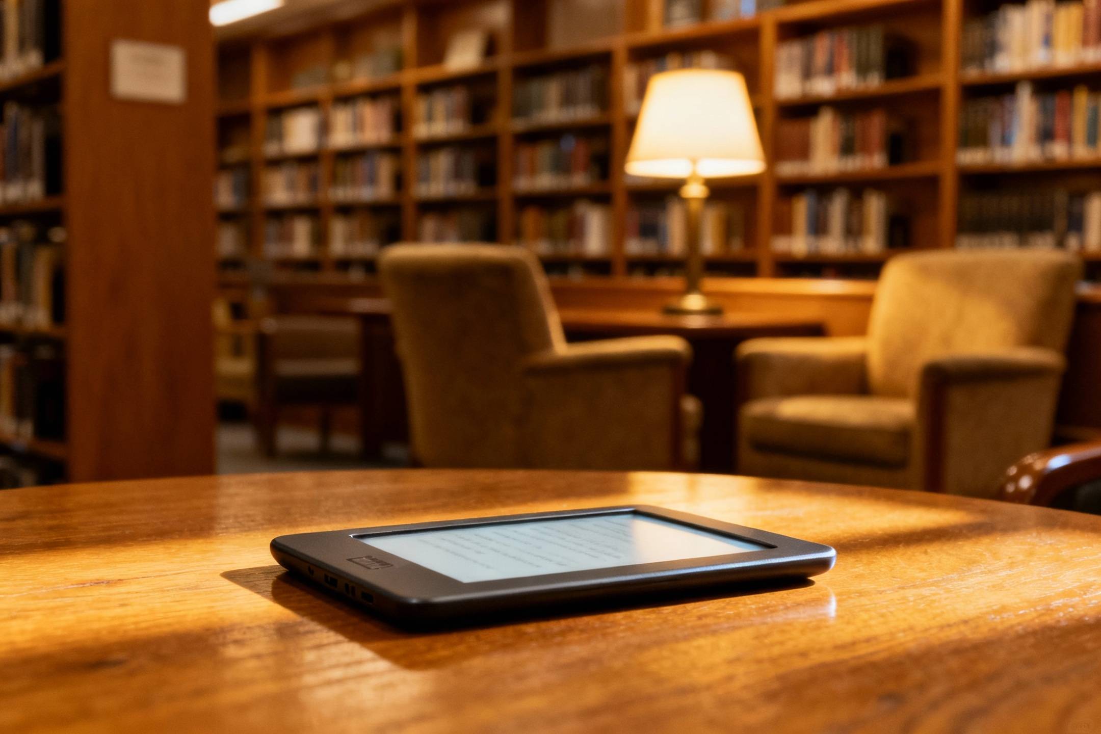 Ein E-Reader liegt auf einem Holztisch in einer Bibliothek mit Büchern, Sesseln und einer Lampe im Hintergrund.