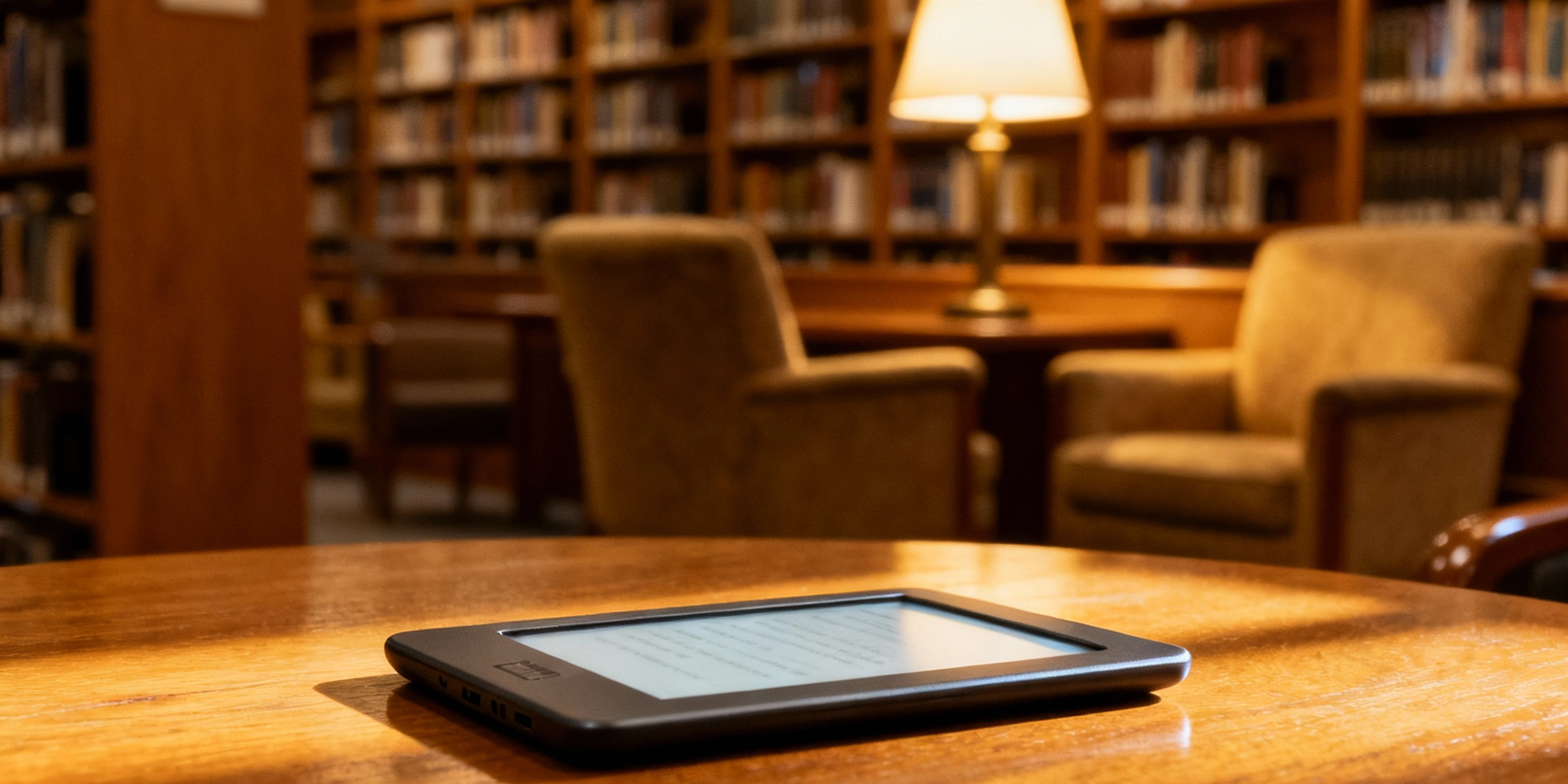 Ein E-Reader liegt auf einem Holztisch in einer Bibliothek mit Büchern, Sesseln und einer Lampe im Hintergrund.