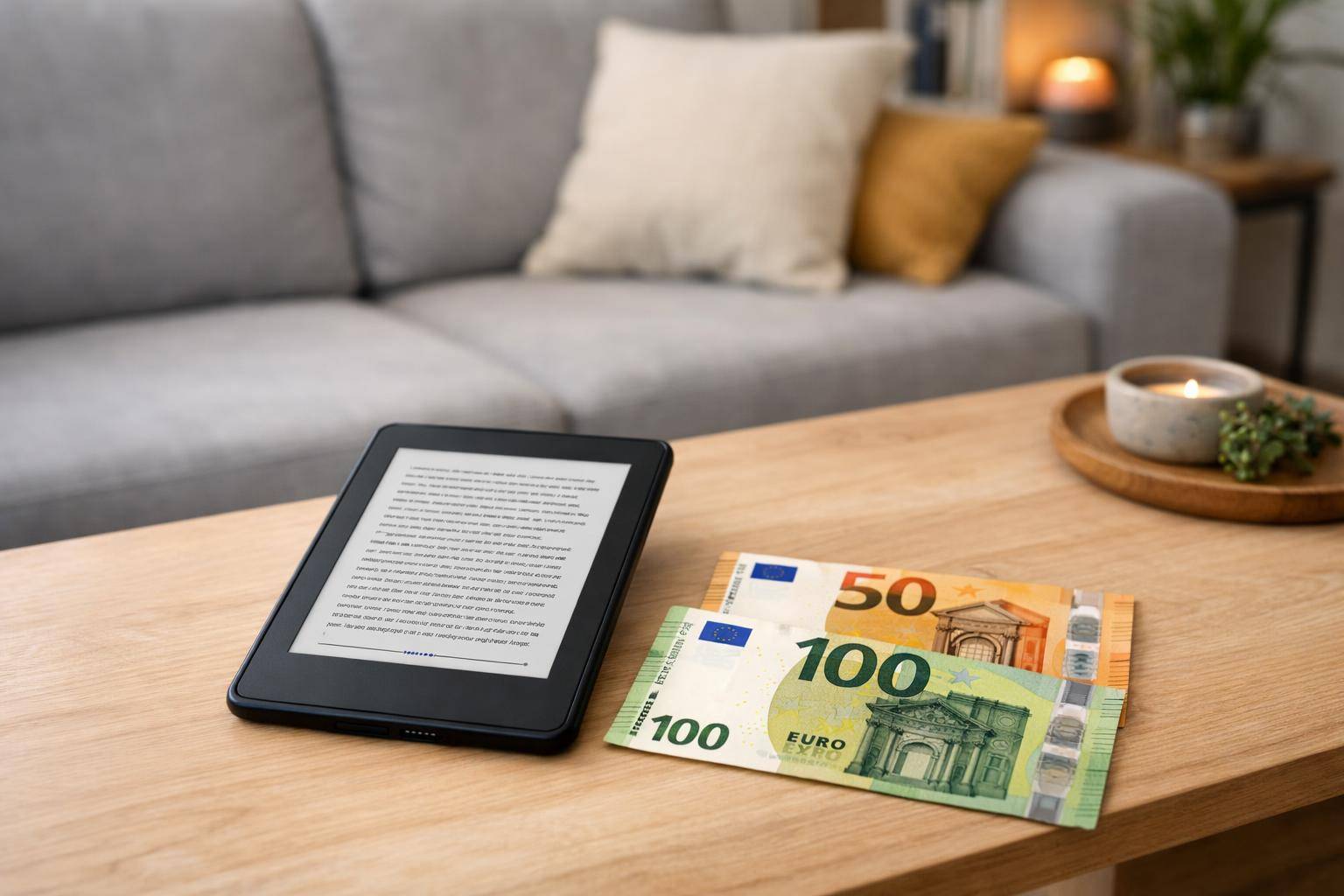 E-Book-Reader und mehrere Euro-Geldscheine auf einem Holztisch im Wohnzimmer.