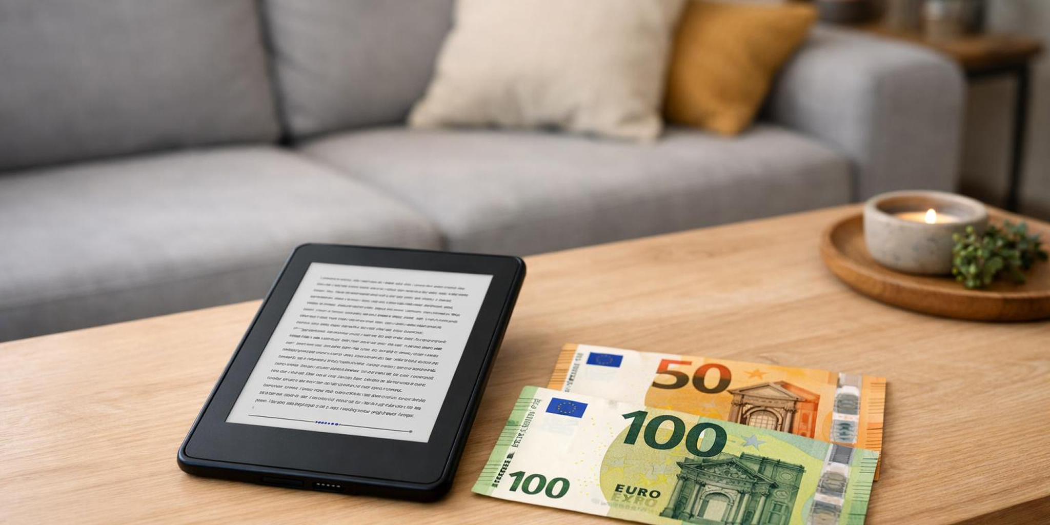 E-Book-Reader und mehrere Euro-Geldscheine auf einem Holztisch im Wohnzimmer.
