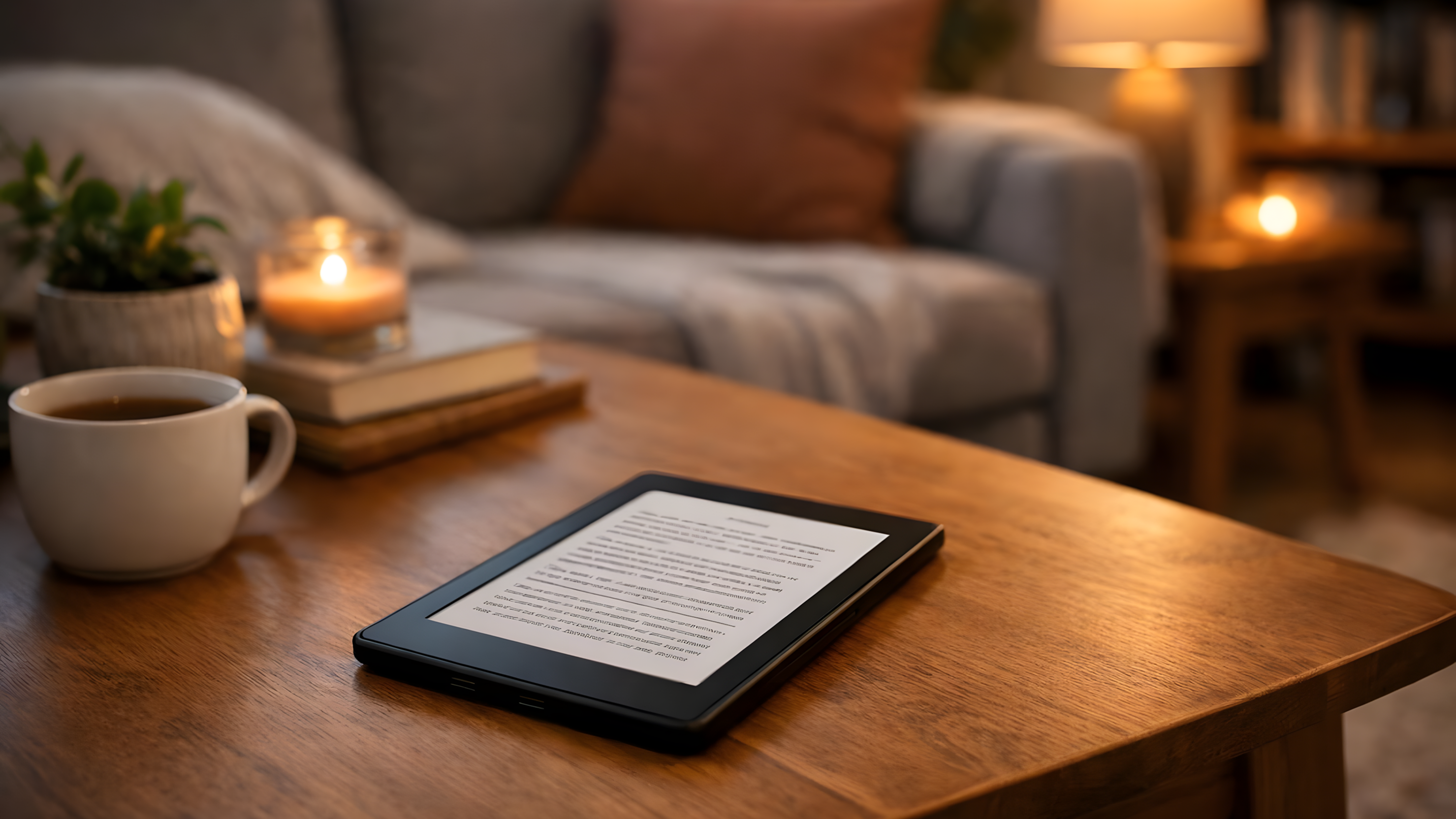 E-Book-Reader liegt auf einem Holztisch neben einer Tasse Kaffee in einem gemütlichen Wohnzimmer.