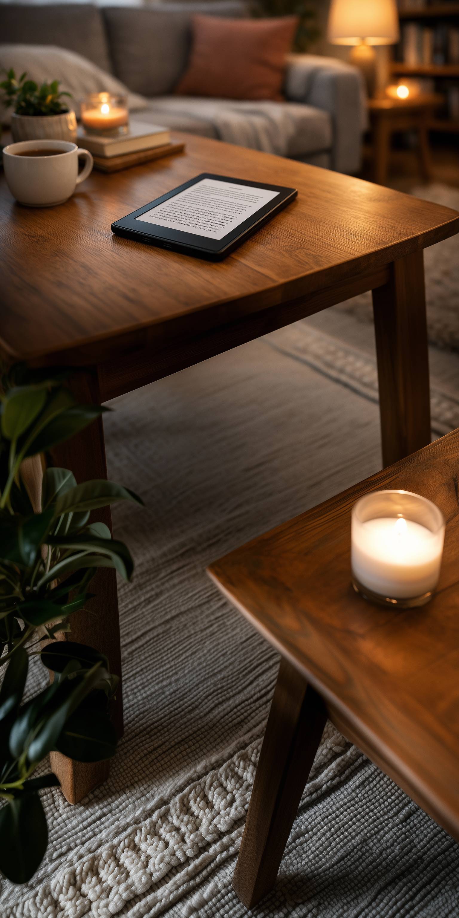 E-Book-Reader liegt auf einem Holztisch neben einer Tasse Kaffee in einem gemütlichen Wohnzimmer.