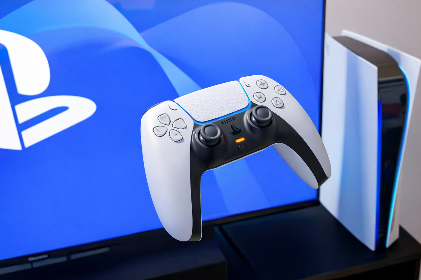 PlayStation 5 Konsole mit Controller vor einem Fernseher.