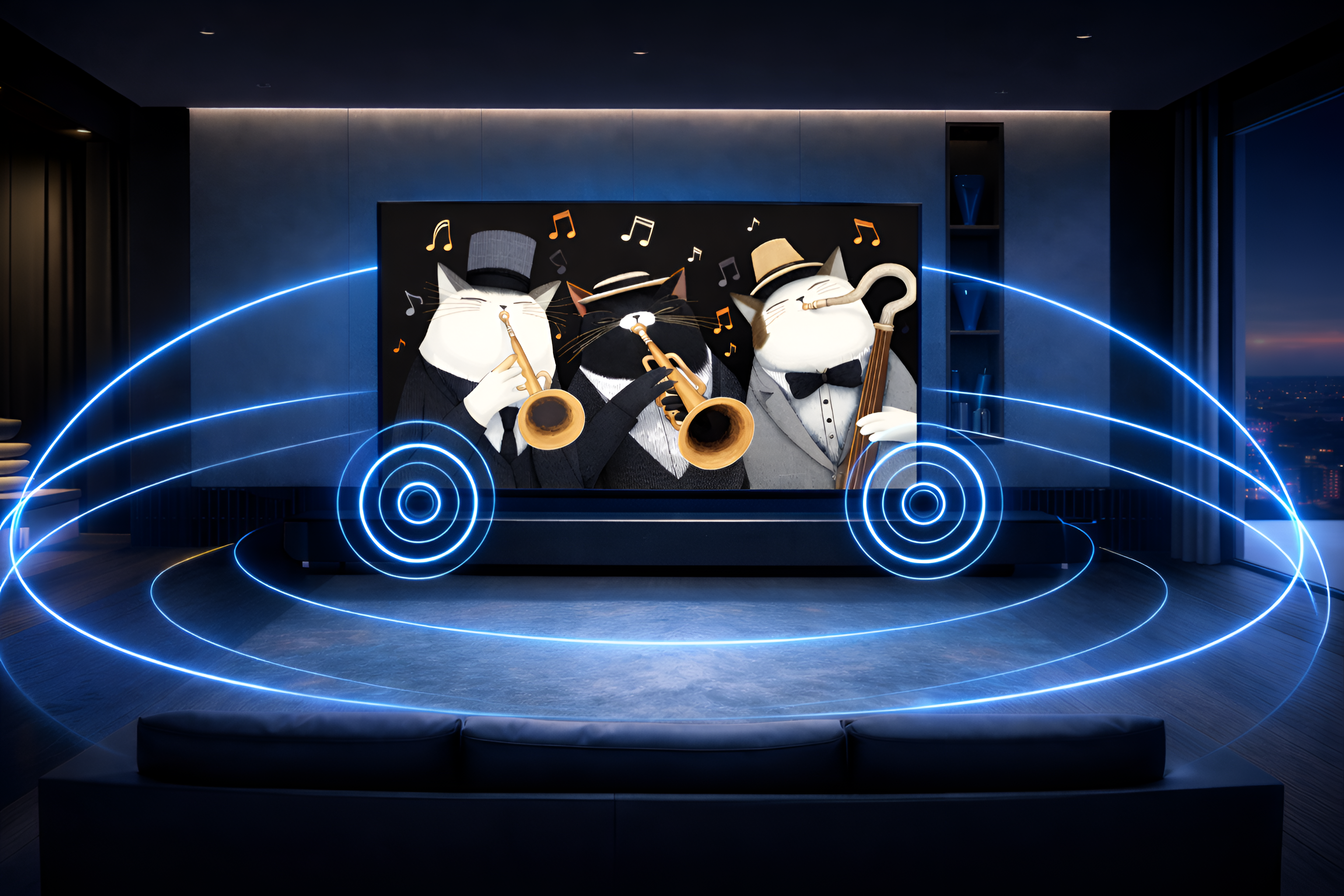 Ein Wohnzimmer mit großem Fernseher, auf dem eine animierte Jazzband spielt, und visualisierten Klangwellen um das Sofa.