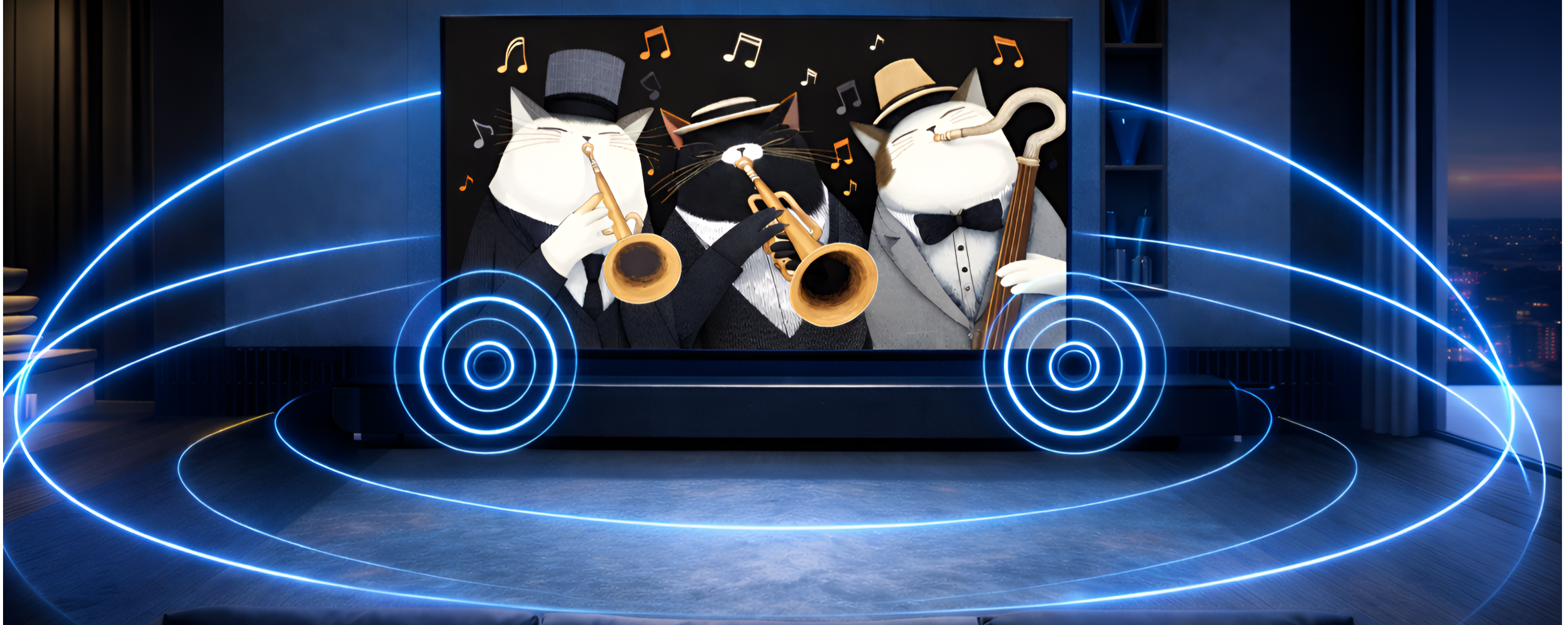 Jazzmusiker in Anzügen und Hüten spielen Trompete auf dem Fernseher, mit visuellen Darstellungen von Klangwellen im Raum.