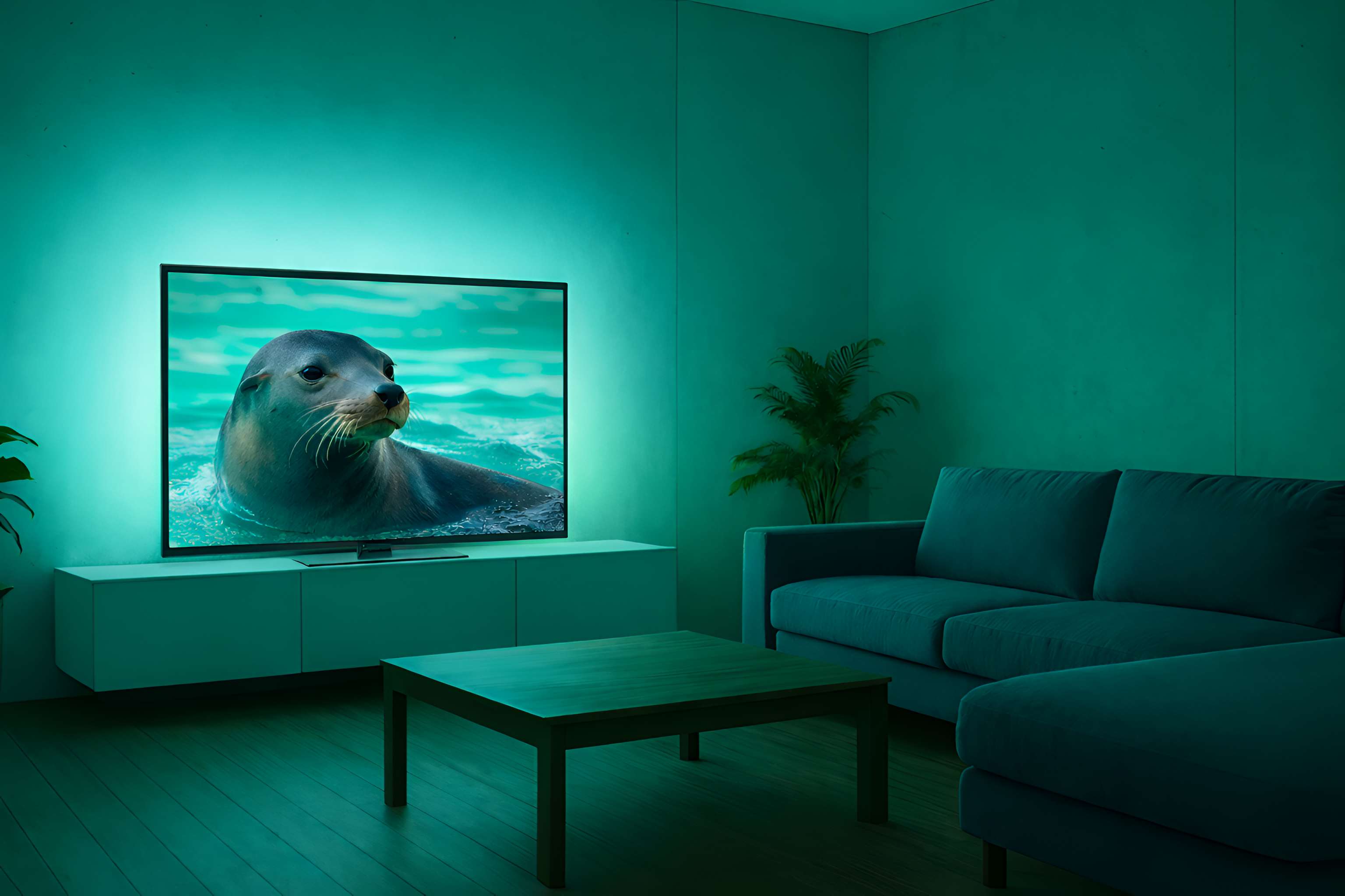 Wohnzimmer mit eingeschaltetem Fernseher, der eine Robbe im Wasser zeigt.