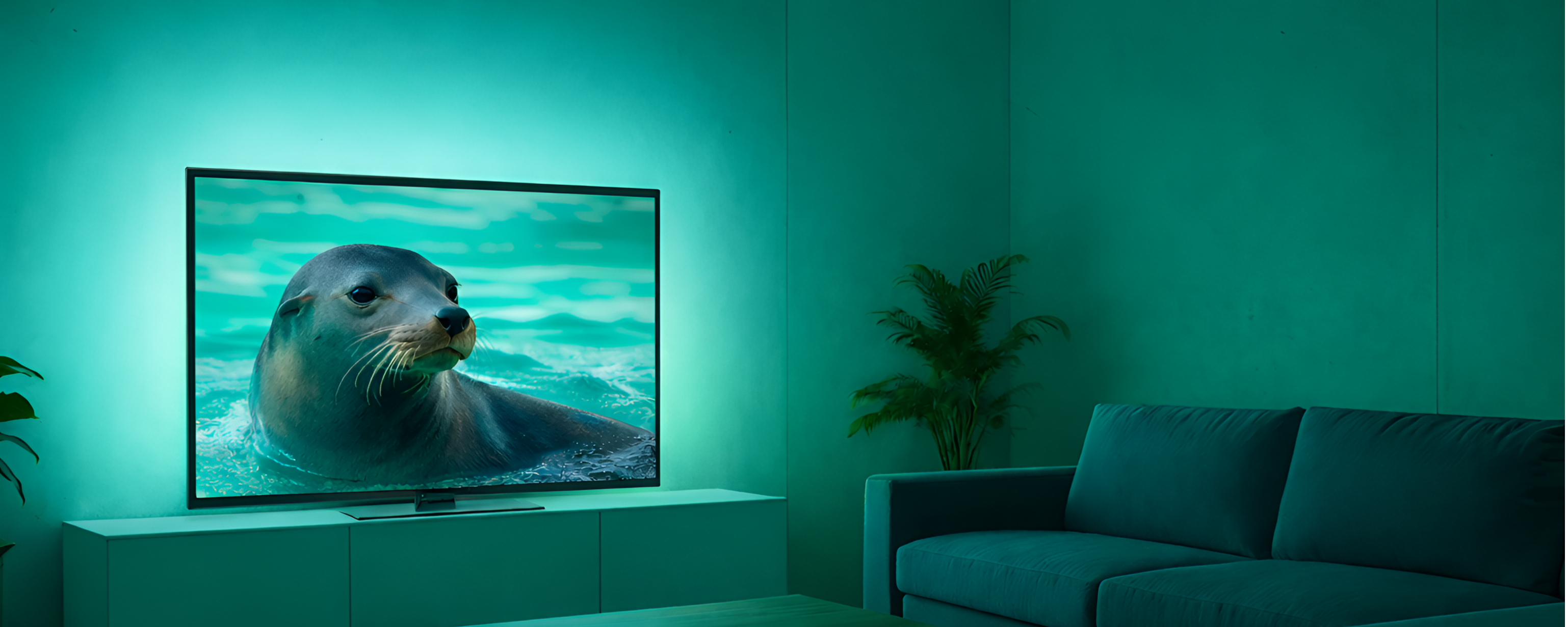 Fernseher zeigt Seehund im Wasser in modernem Wohnzimmer mit blau-grüner Beleuchtung.