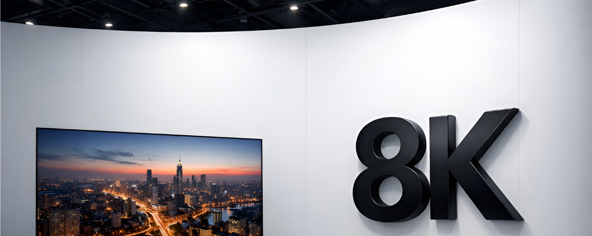 Fernseher mit 8K-Auflösung neben großem 8K-Schriftzug auf Messe oder Ausstellung.