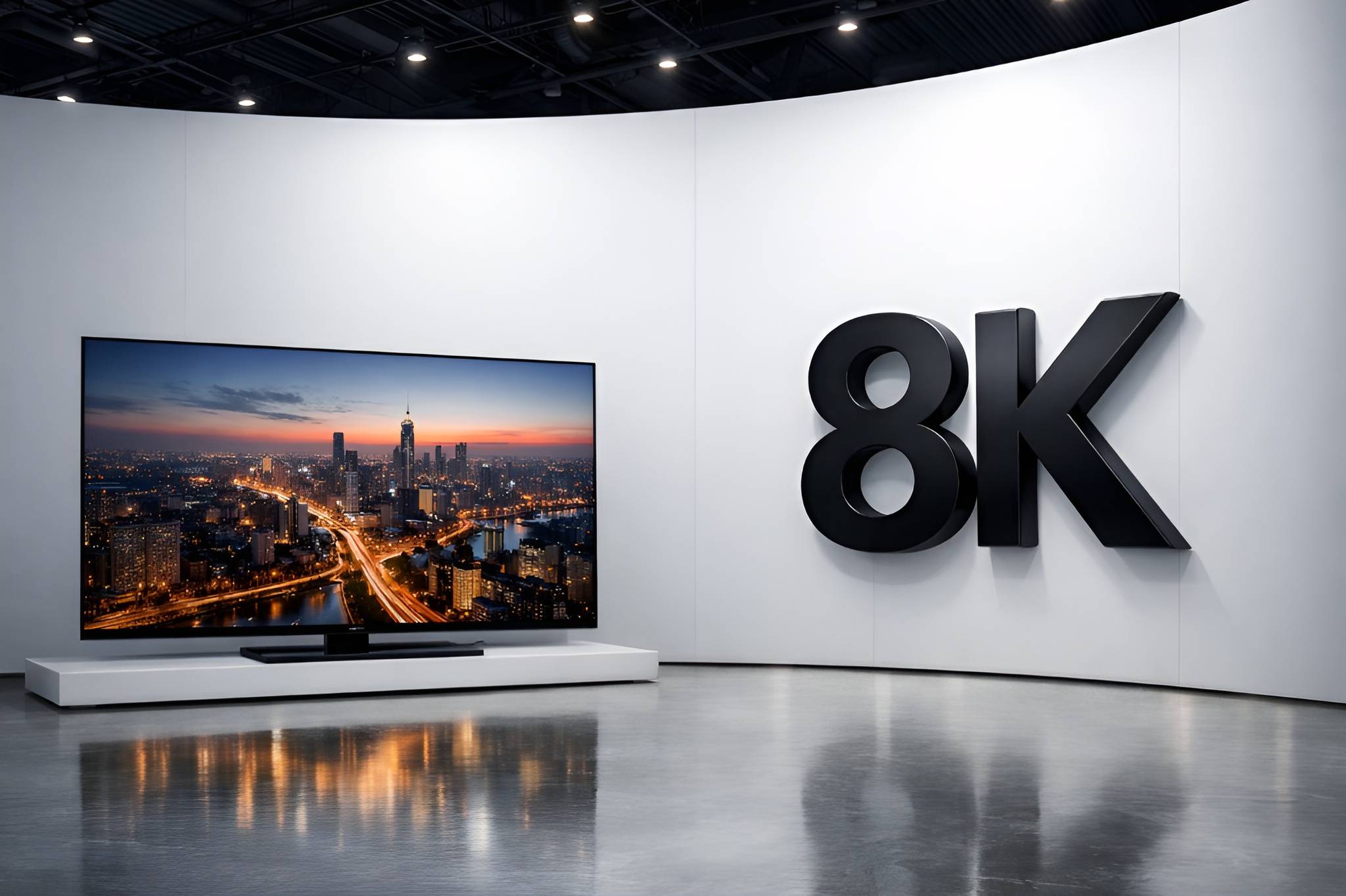 Ein moderner Fernseher mit Stadtbild auf dem Bildschirm steht neben einer großen '8K'-Beschriftung.