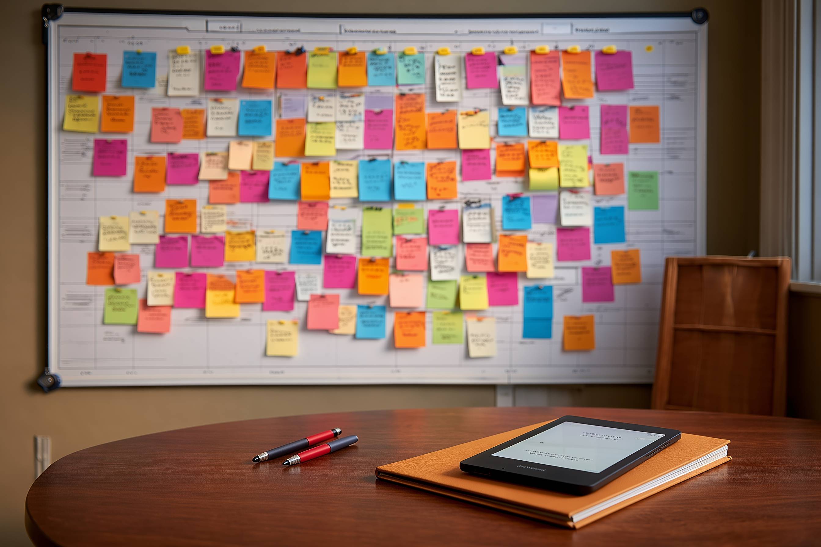 Pinnwand voller bunter Notizzettel hinter einem Schreibtisch mit Tablet, Block und Stiften.