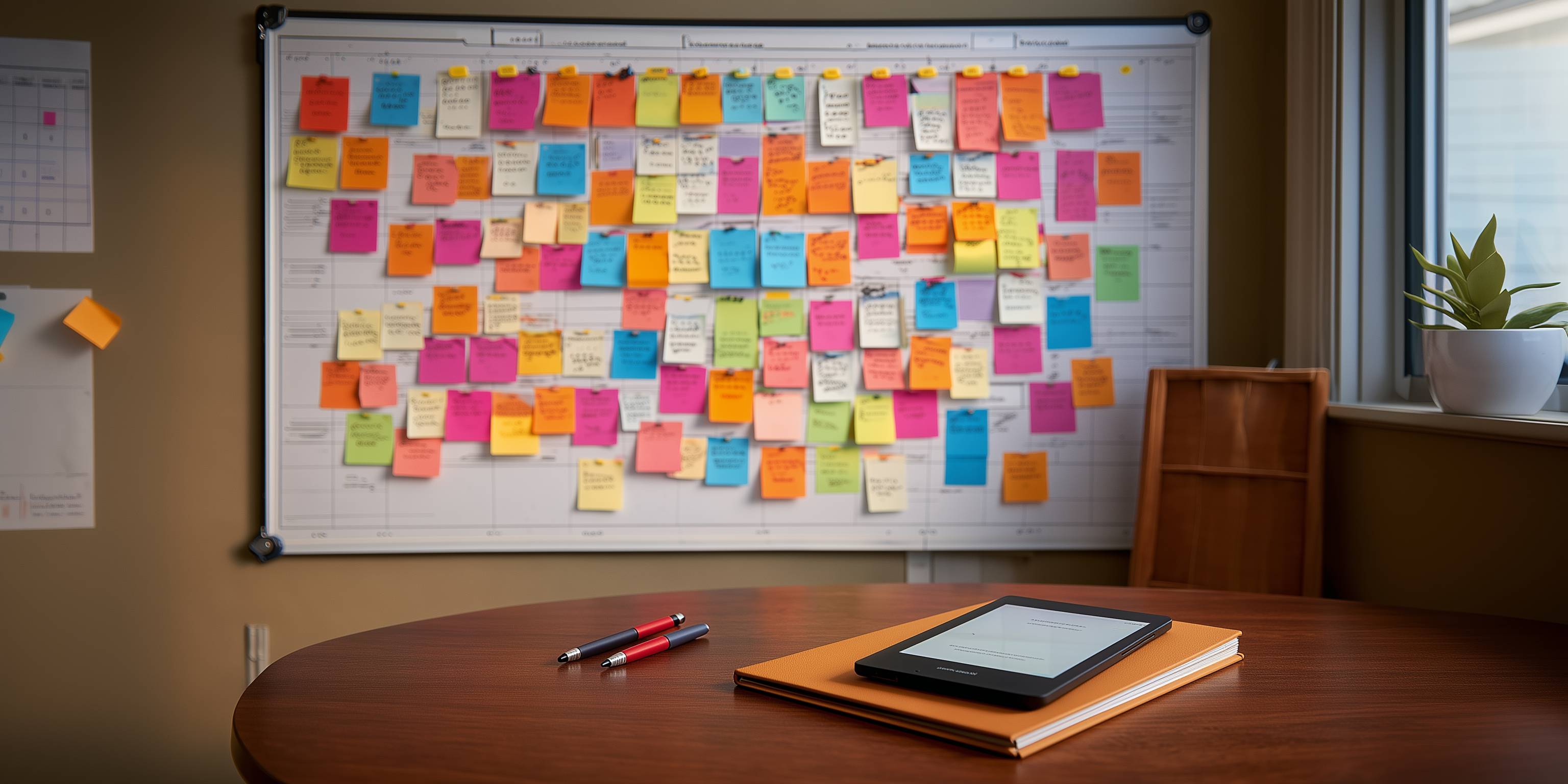 Pinnwand voller bunter Notizzettel hinter einem Schreibtisch mit Tablet, Block und Stiften.