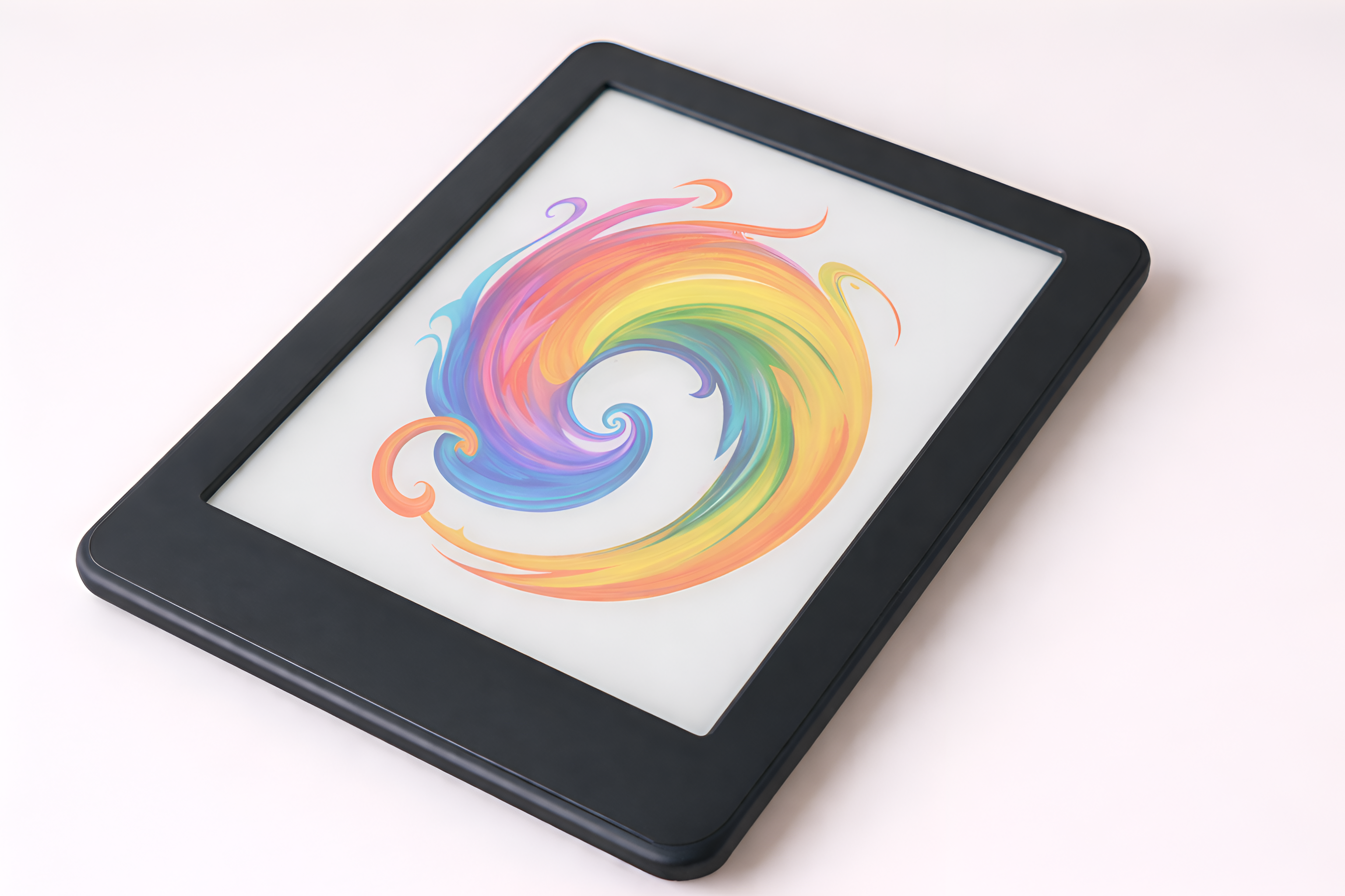 Ein E-Book-Reader mit einem farbigen, abstrakten Wirbel auf dem Display.