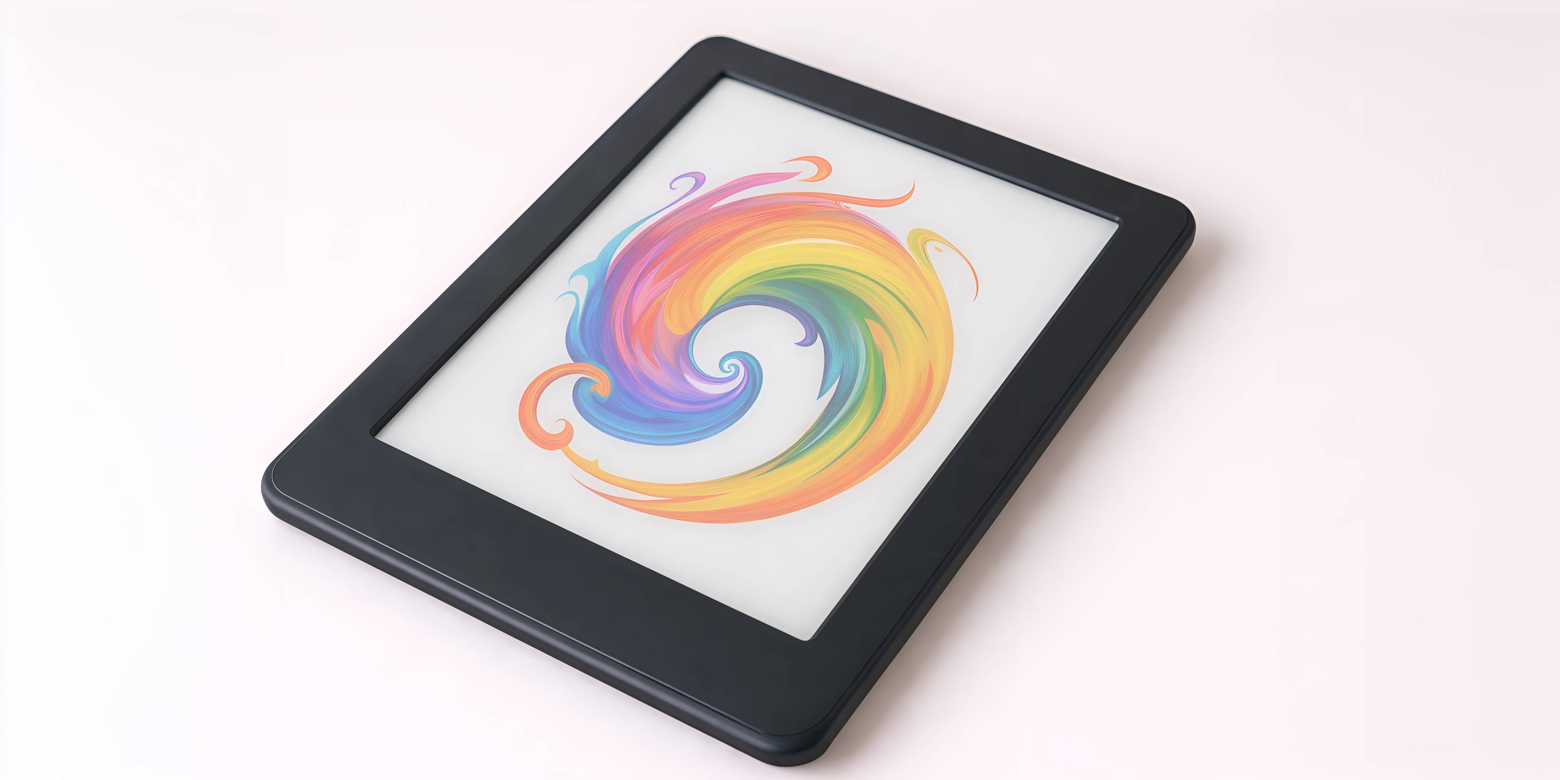 Ein E-Book-Reader mit einem bunten, wirbelnden Muster auf dem Bildschirm.