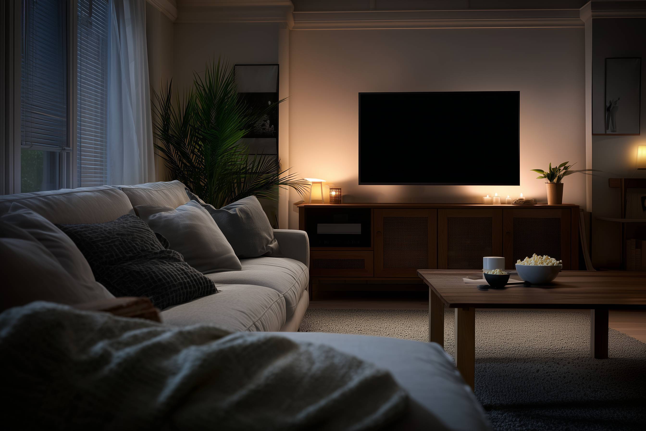 Gemütliches Wohnzimmer mit Sofa, Kissen, Couchtisch mit Popcorn und Getränk, großer Fernseher an der Wand, indirekte Beleuchtung.