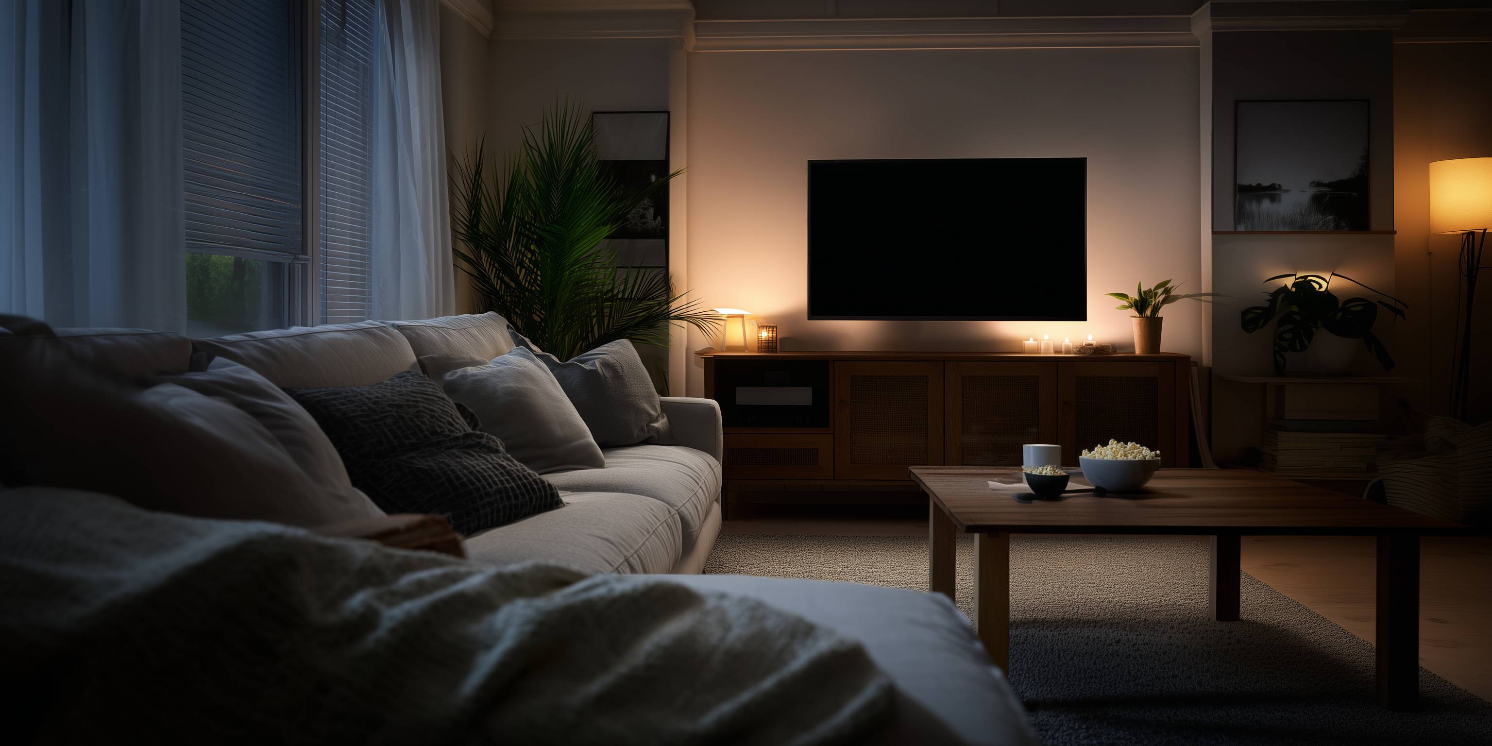 Gemütliches Wohnzimmer mit Sofa, Kissen, Couchtisch mit Popcorn und Getränk, großer Fernseher an der Wand, indirekte Beleuchtung.