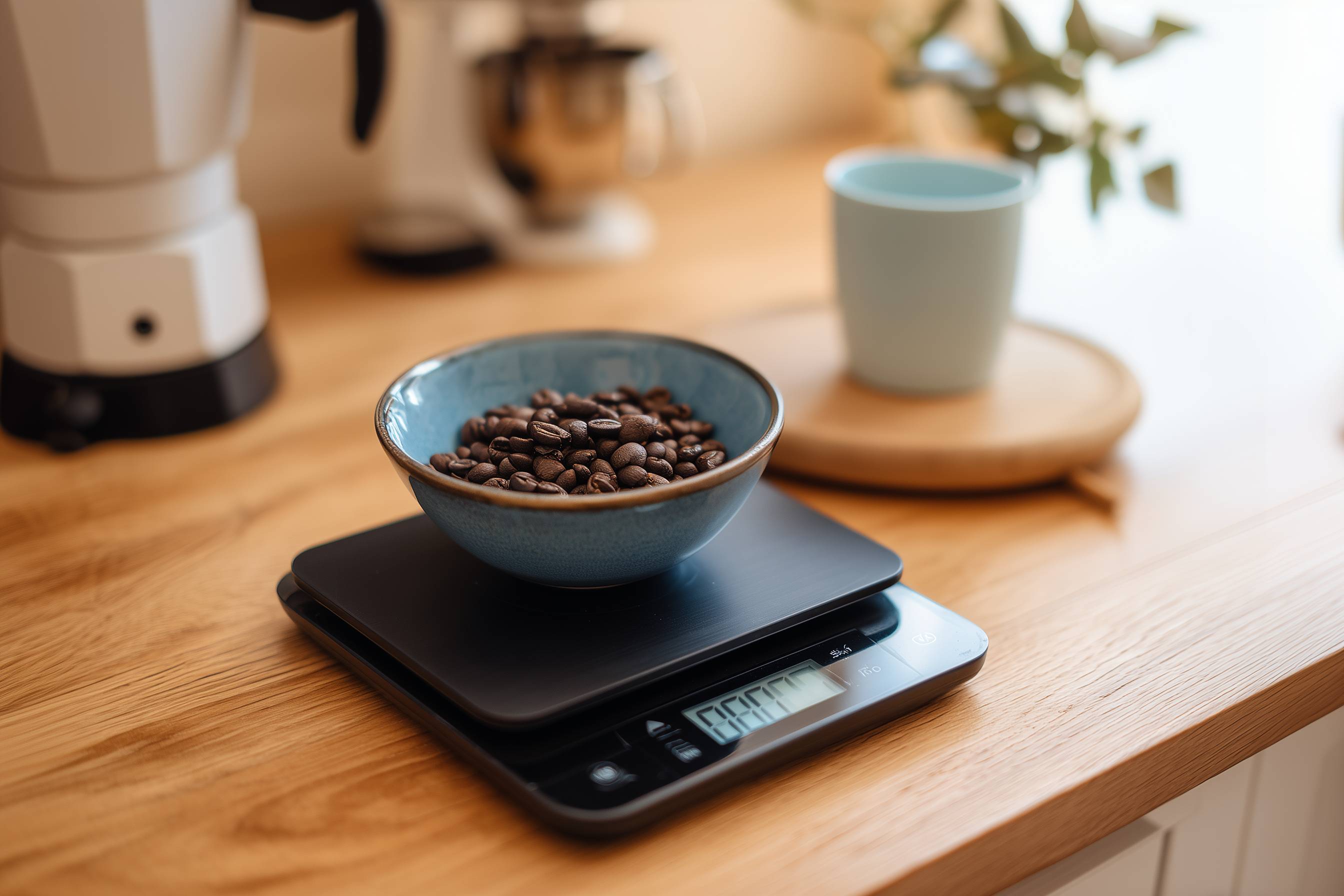 Eine Küchenwaage mit Kaffeebohnen auf einem Tisch