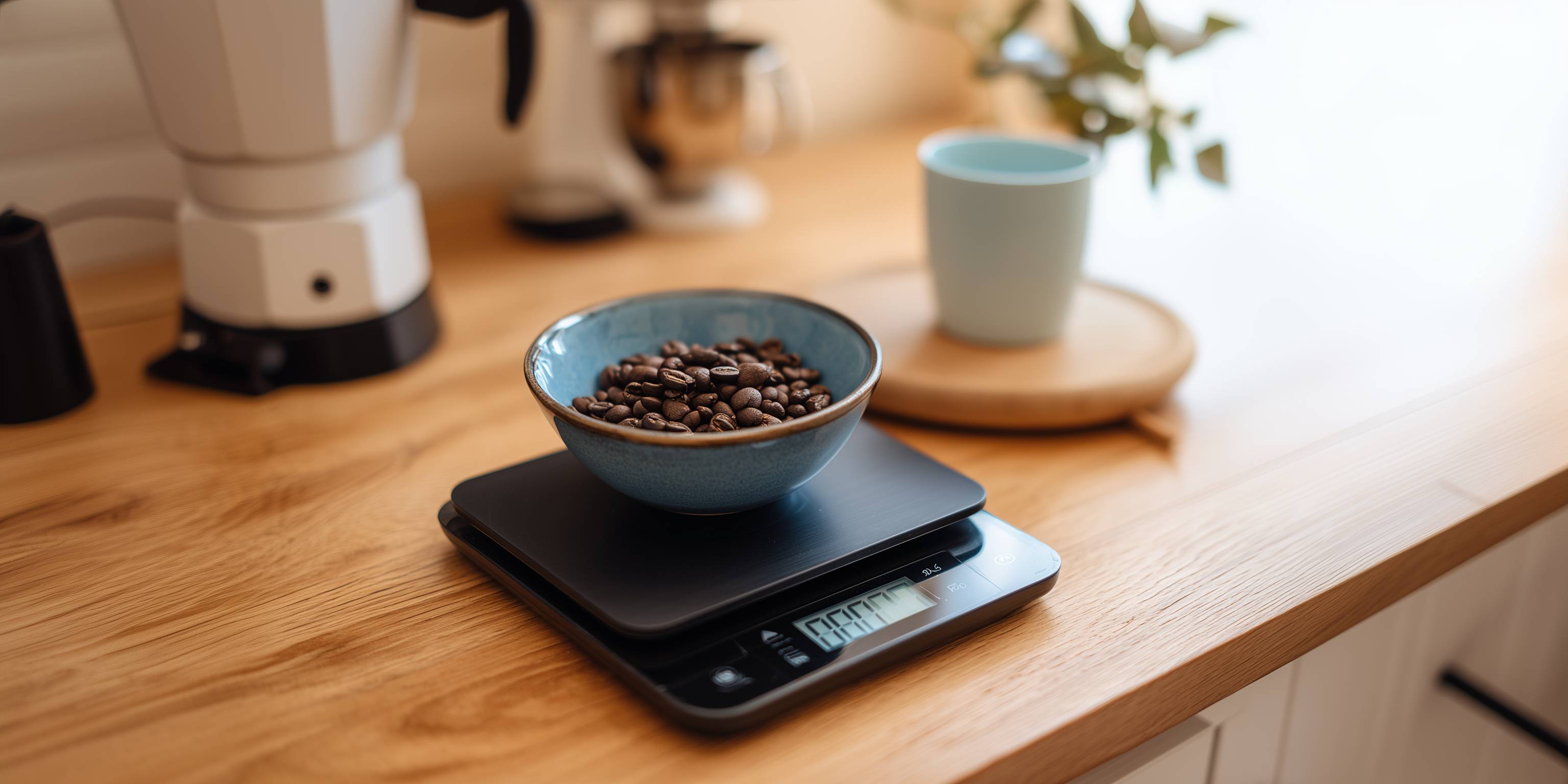 Eine Küchenwaage mit Kaffeebohnen auf einem Tisch