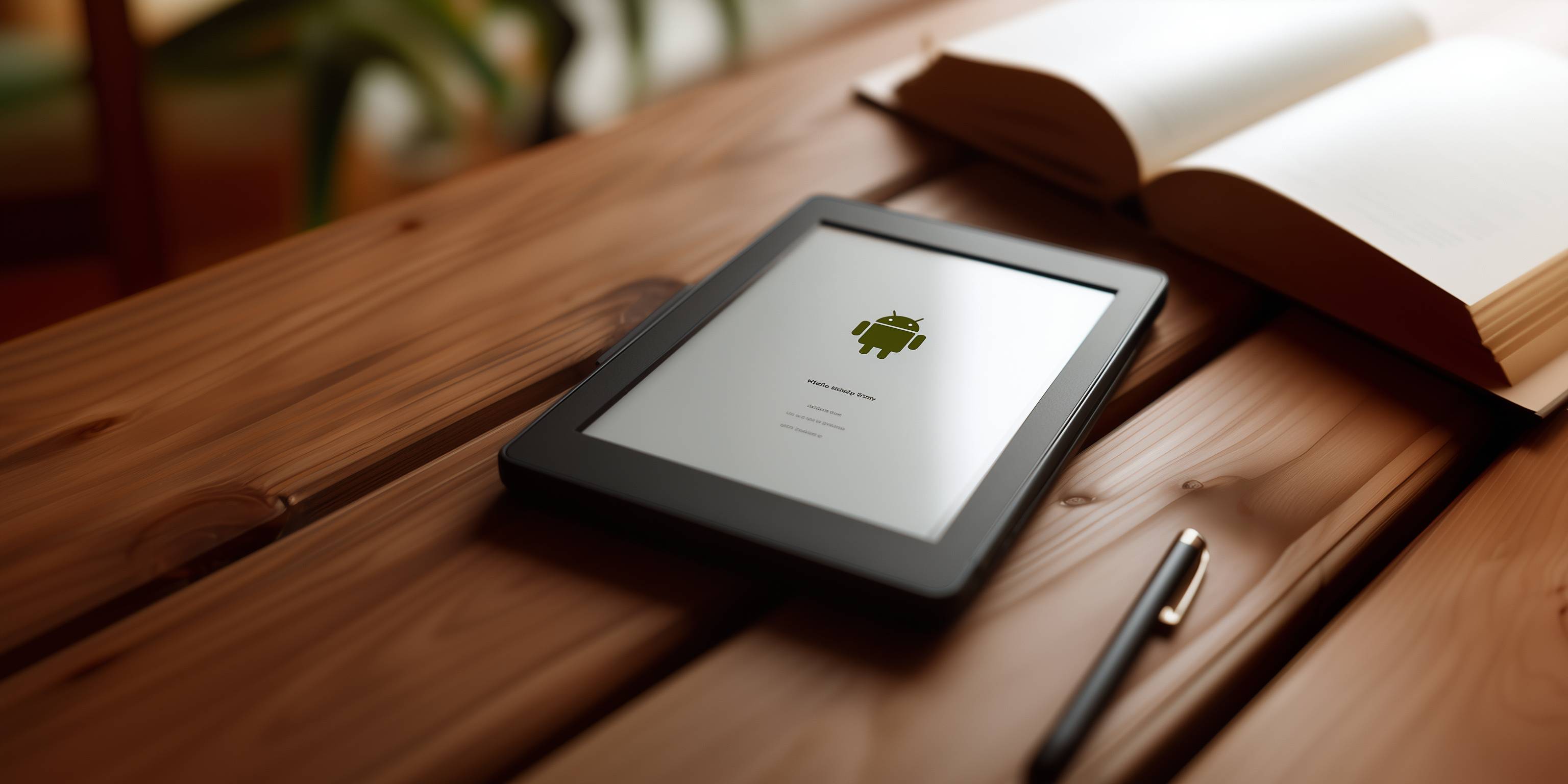 E-Reader mit Android-Logo auf Holzschreibtisch neben aufgeschlagenem Buch und Stift.